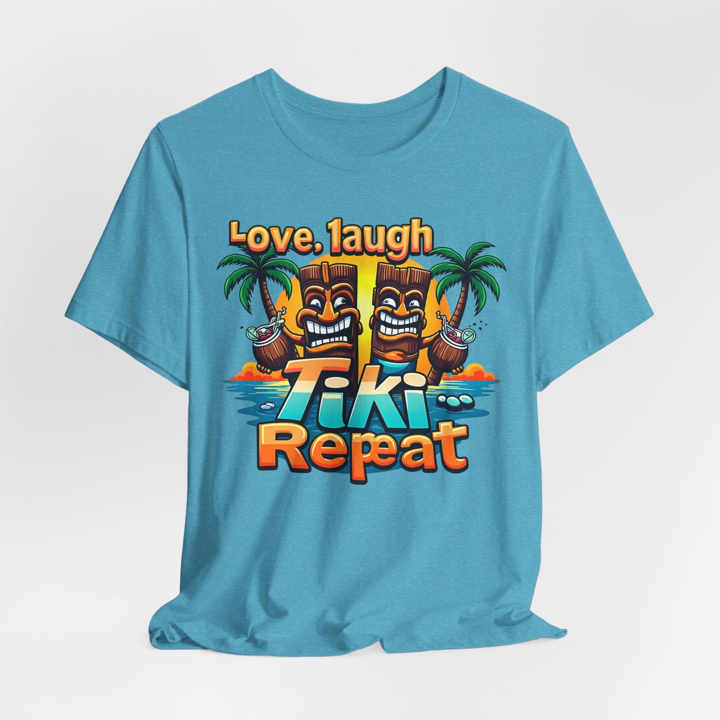 The Tiki Love Unisex Short Sleeve Tiki T-Shirt - Fun Tropical Vibes features a colorful design with Tiki figures, palm trees, and Love. Laugh. Tiki... Repeat text for a lively island-inspired look.
