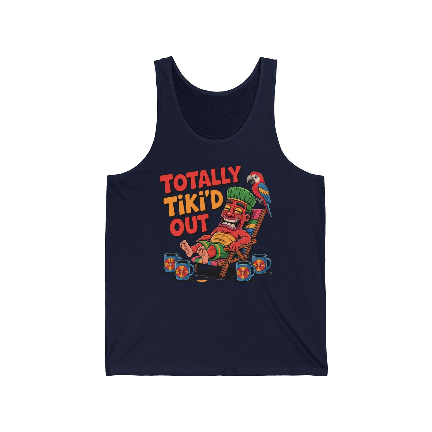 The Totally Tikid Out Unisex Jersey Tiki Tank Top features a relaxed tiki statue with a parrot, surrounded by mugs and “TOTALLY TIKI’D OUT” in bold orange and yellow. Perfect breathable tank for fun summer celebrations.