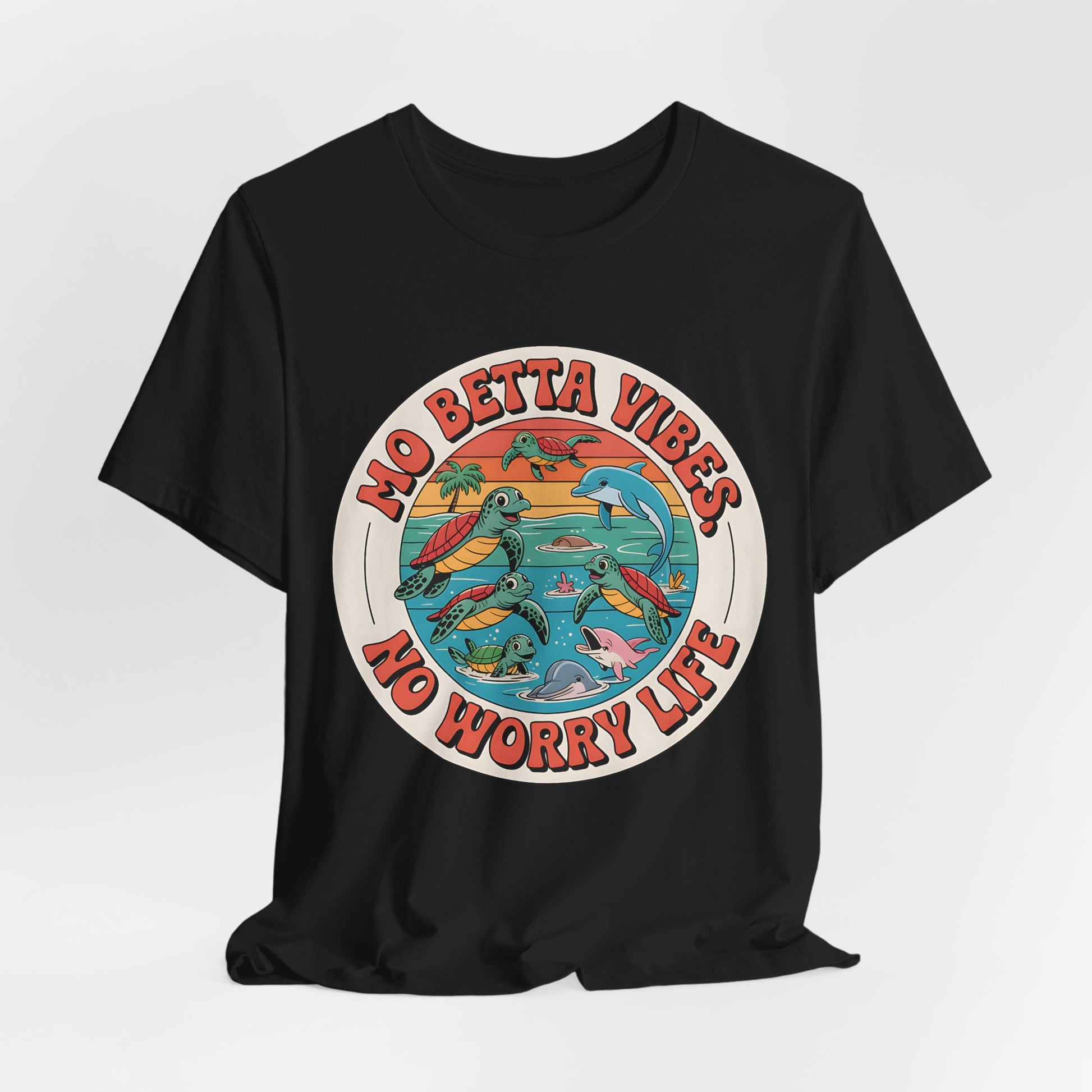 The Mo Betta Vibes Unisex Jersey T-Shirt is a black, relaxed-fit tee with a vibrant sunset graphic of sea turtles, dolphins, and palm trees. Features the cheerful slogan “NO BETTA VIBES, NO WORRY LIFE”—ideal for casual summer style.