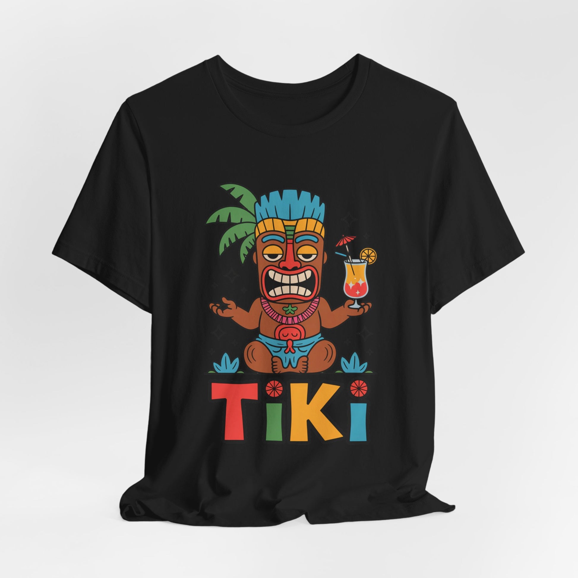 The Tiki Party Unisex Jersey Tiki T-Shirt - Tropical Vibe Graphic T-Shirt features a vibrant tiki figure with a drink, bold TIKI lettering, palm backdrop, and eco-conscious production—perfect for summer parties.