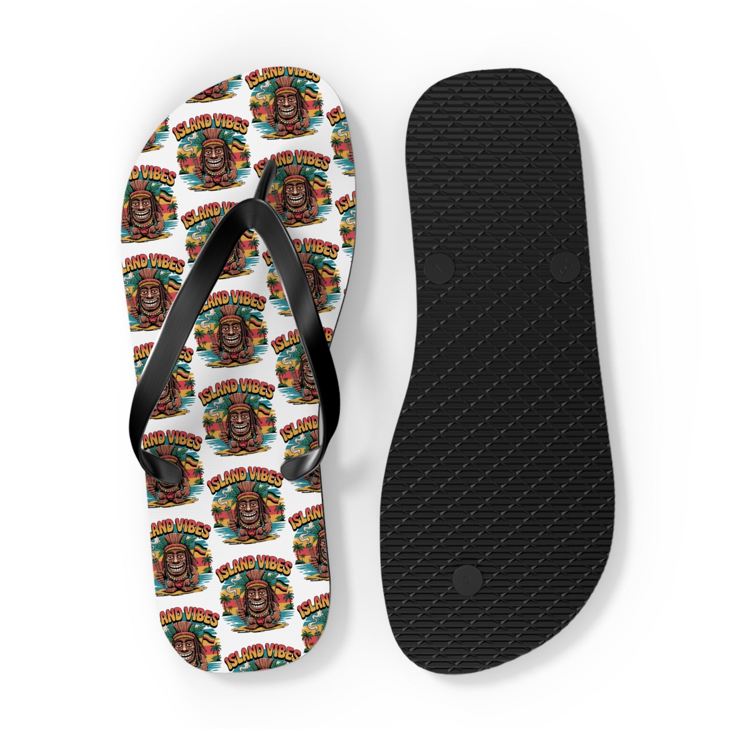 Island Vibes Tiki Flip Flops – colorful casual footwear for summer fun—feature one flip flop with a tropical face design and Island Vibes pattern, the other with a plain black textured sole; ideal for beach lovers and vacations.
