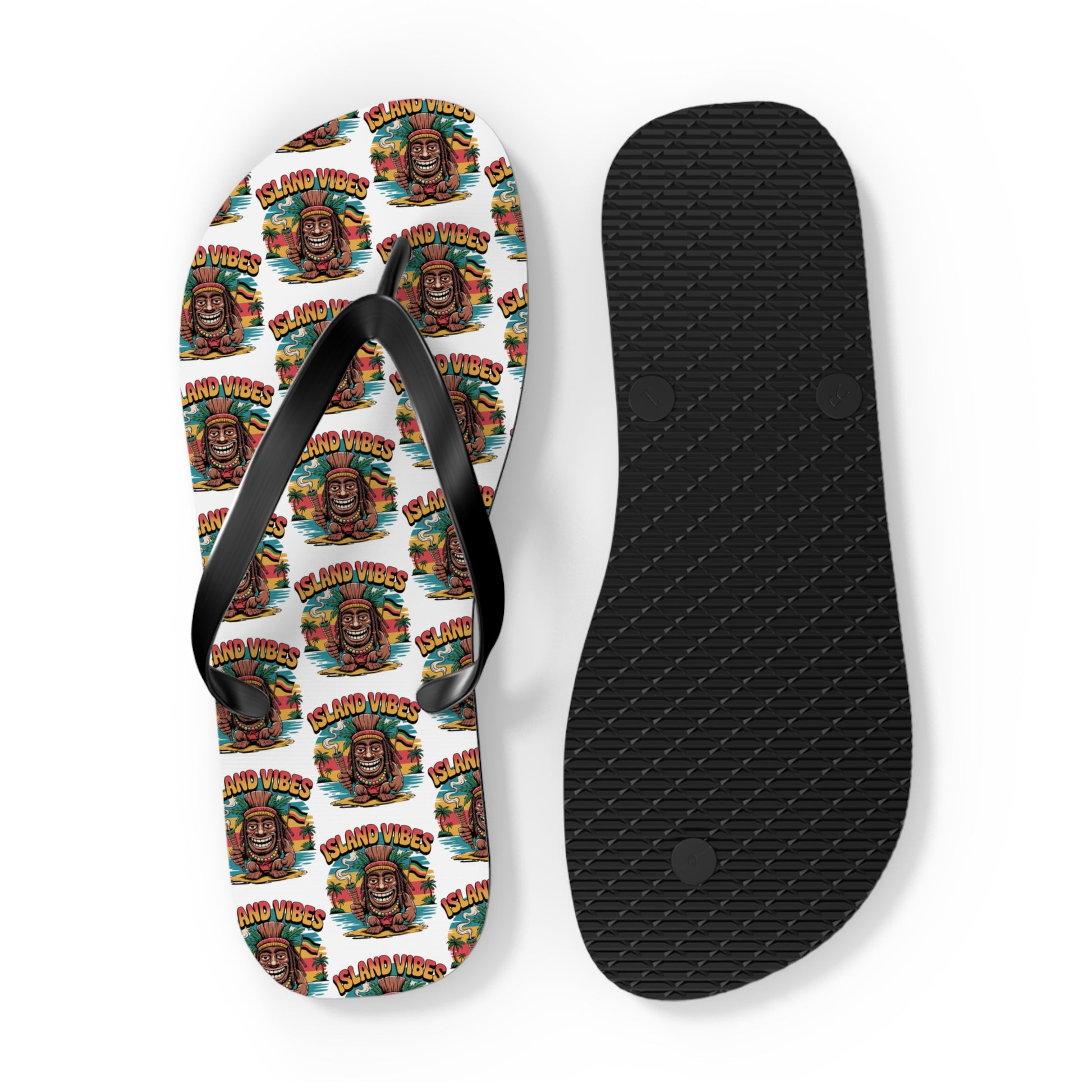 Island Vibes Tiki Flip Flops – colorful casual footwear for summer fun—feature one flip flop with a tropical face design and Island Vibes pattern, the other with a plain black textured sole; ideal for beach lovers and vacations.
