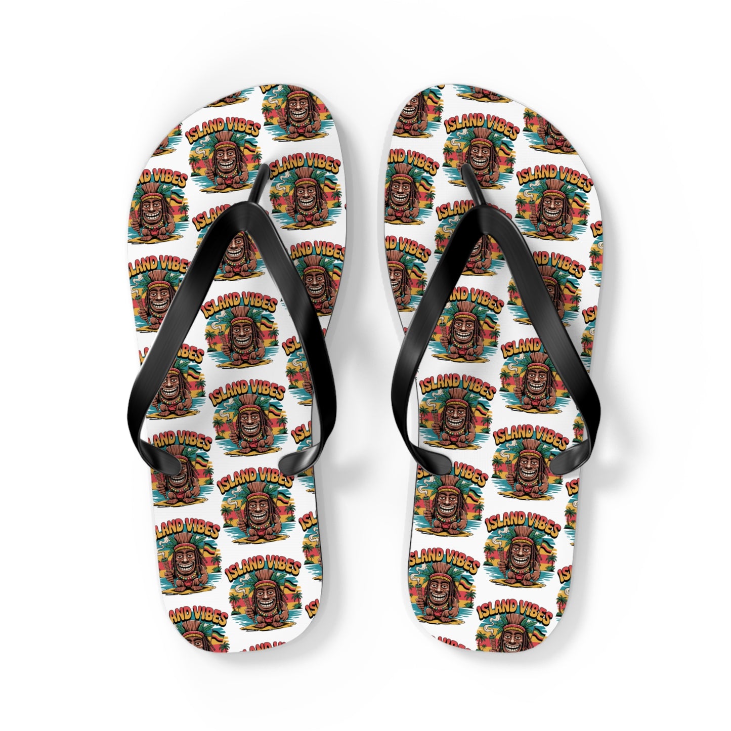 Island Vibes Tiki Flip Flops—featuring black straps and a vibrant tiki face pattern with “ISLAND VIBES” text across a white background—are the perfect colorful, casual footwear for summer fun and beach lovers.