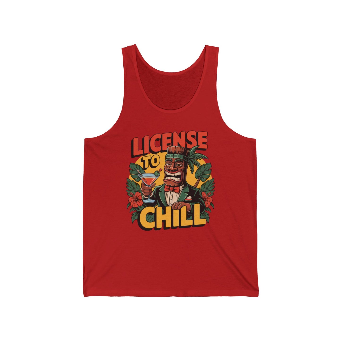The License to Chill Unisex Jersey Tiki Tank Top features a vibrant tiki character in a suit with a cocktail, surrounded by tropical leaves and bold text—ideal casual wear for summer vibes and relaxation.