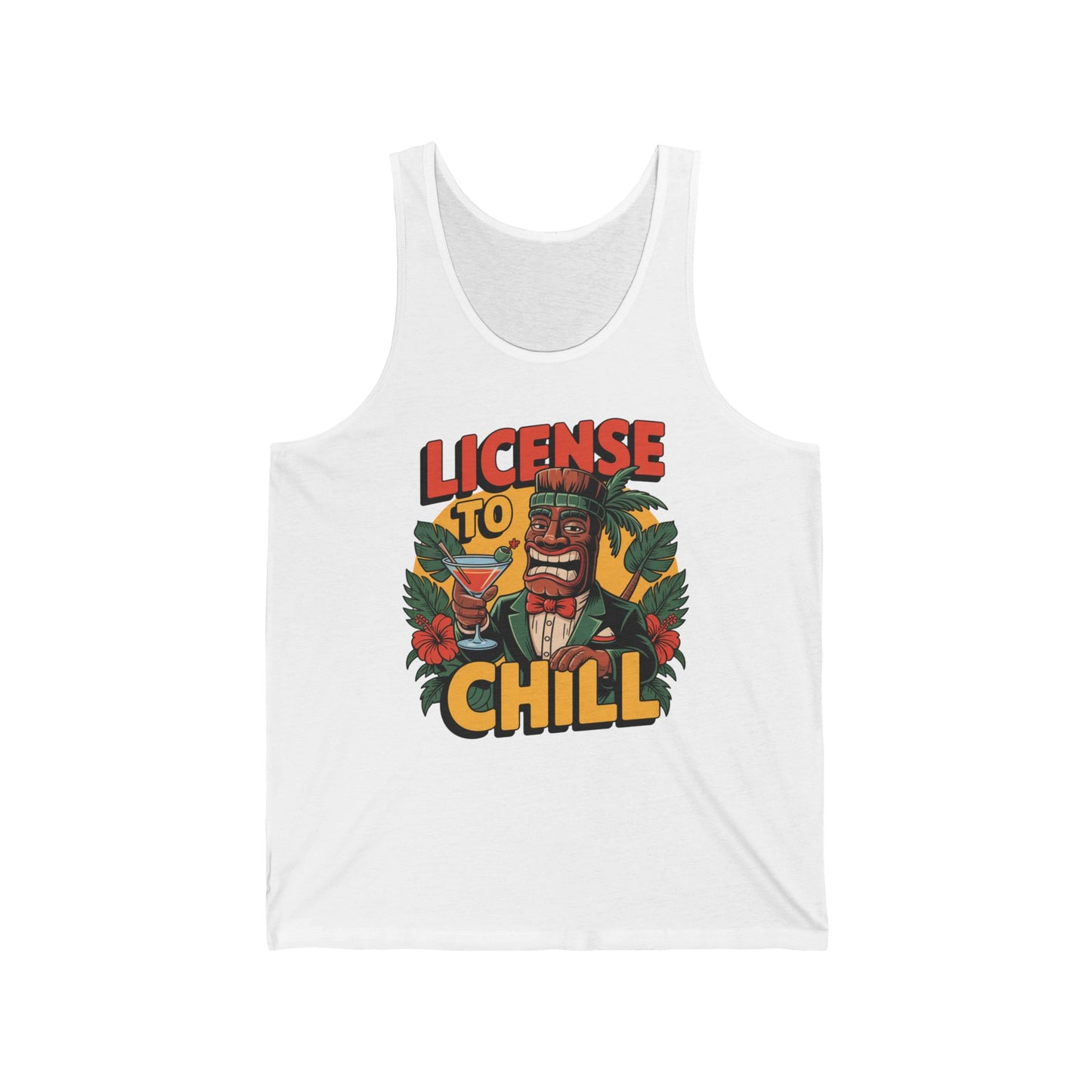 The License to Chill Unisex Jersey Tiki Tank Top showcases a vibrant tiki character with a cocktail, tropical leaves, and bold text—crafted from breathable fabric, ideal for summer vibes and relaxation.