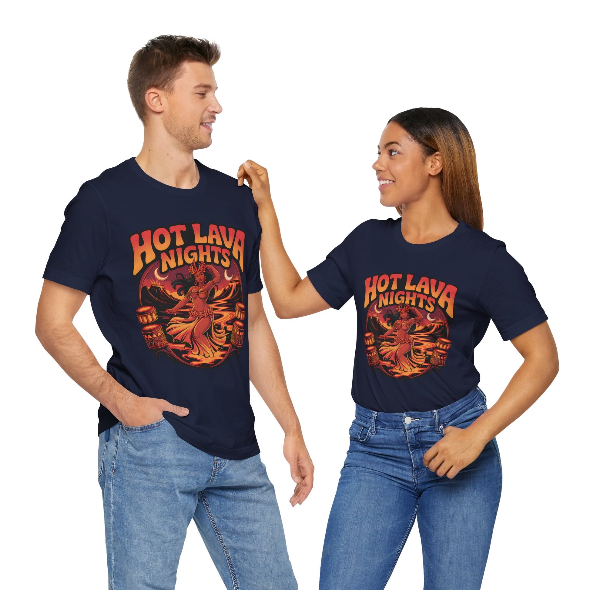 A man and woman stand side by side, smiling in matching Hot Lava Nights Unisex Jersey Tiki T-Shirts—vibrant tropical graphic shirts made from soft Airlume cotton—against a white background.