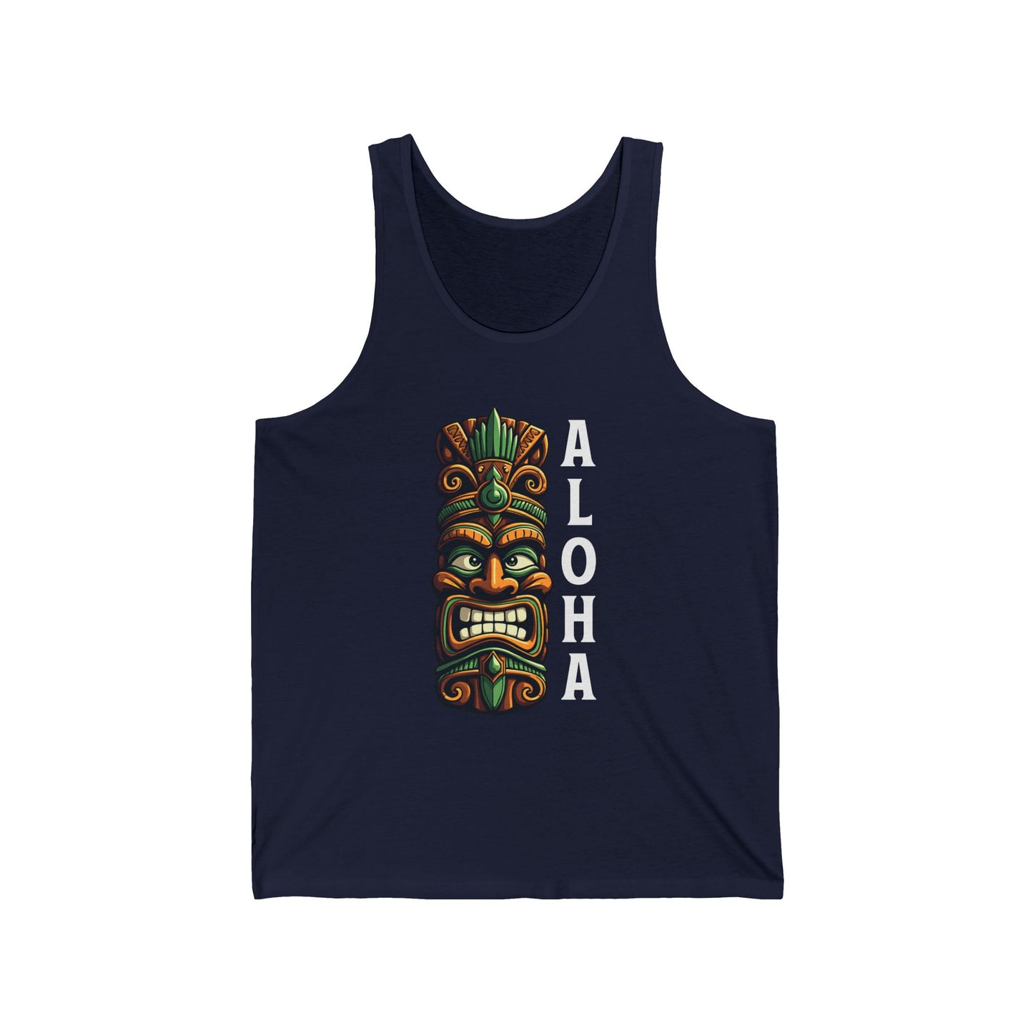 Aloha Tiki Tank Top - Unisex Jersey Tank with vibrant Hawaiian design features a navy base, colorful tiki mask graphic in green, brown, and yellow, and bold white vertical ALOHA text for ultimate tropical vibes.