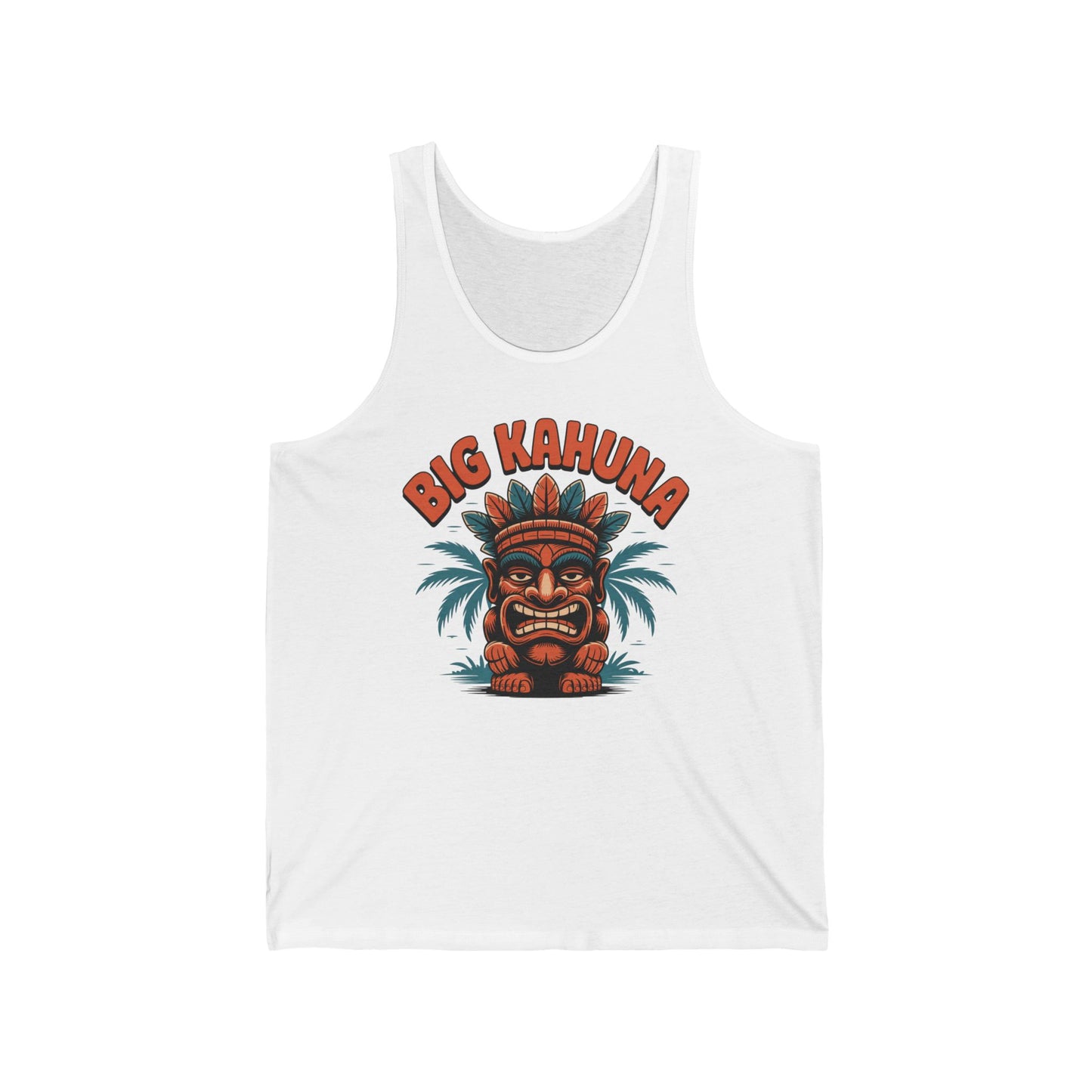 Refresh your summer style with the Big Kahuna Unisex Jersey Tiki Tank Top, designed with a vibrant tiki mask, palm trees, and BIG KAHUNA text for tropical vibes and fun.