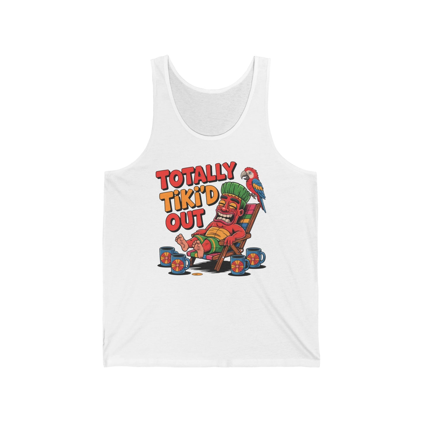 The Totally Tikid Out Unisex Jersey Tiki Tank Top features a cartoon tiki lounging with drinks, a parrot, and “TOTALLY TIKI’D OUT” in bold red/orange—perfect for fun summer vibes and celebrations.