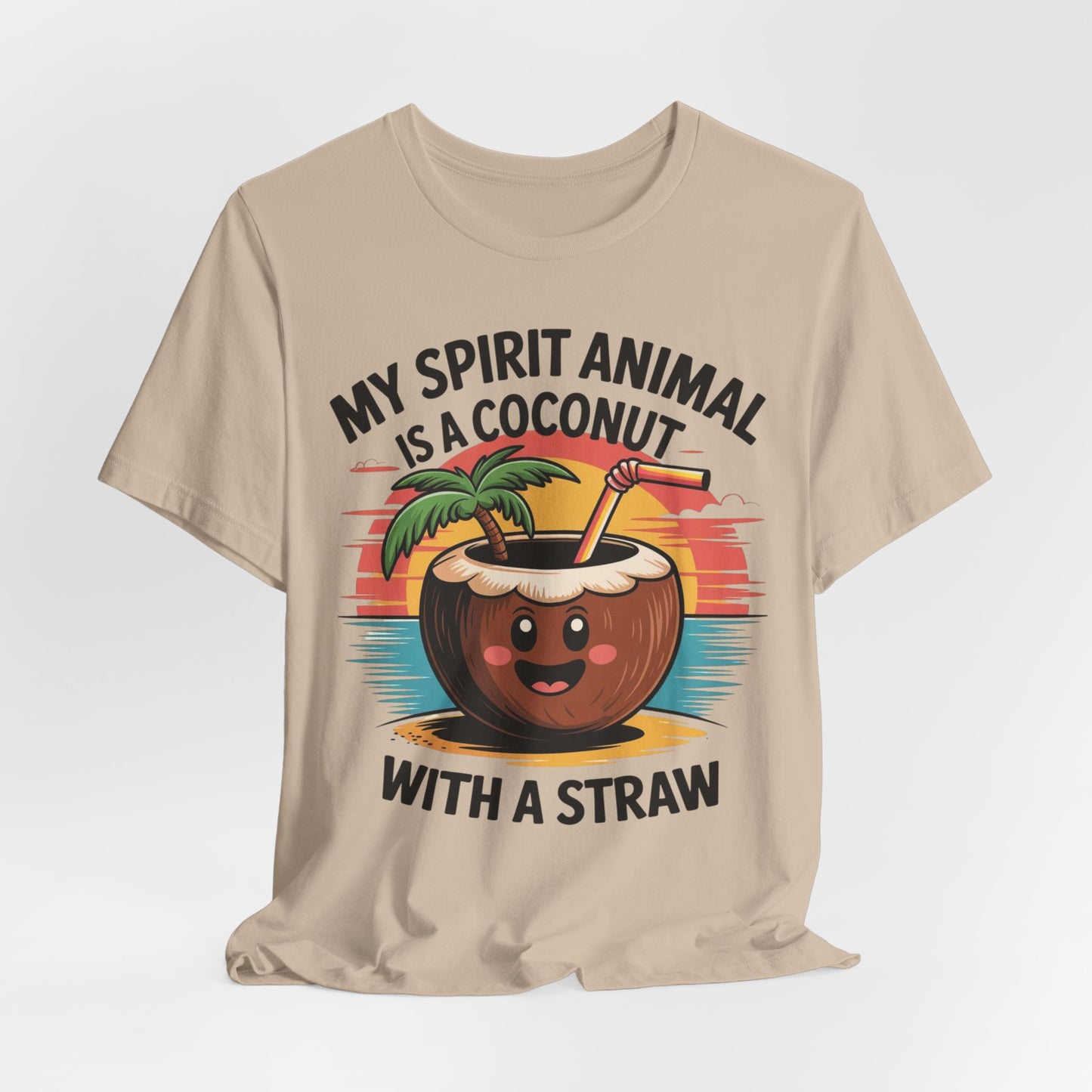 The My Spirit Animal Coconut Tiki T-Shirt is a beige unisex jersey featuring a smiling cartoon coconut drink, palm tree, sunset, and the phrase My spirit animal is a coconut with a straw—perfect for tropical vibes lovers.