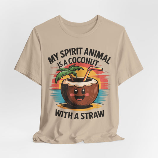 The My Spirit Animal Coconut Tiki T-Shirt is a beige unisex jersey featuring a smiling cartoon coconut drink, palm tree, sunset, and the phrase My spirit animal is a coconut with a straw—perfect for tropical vibes lovers.