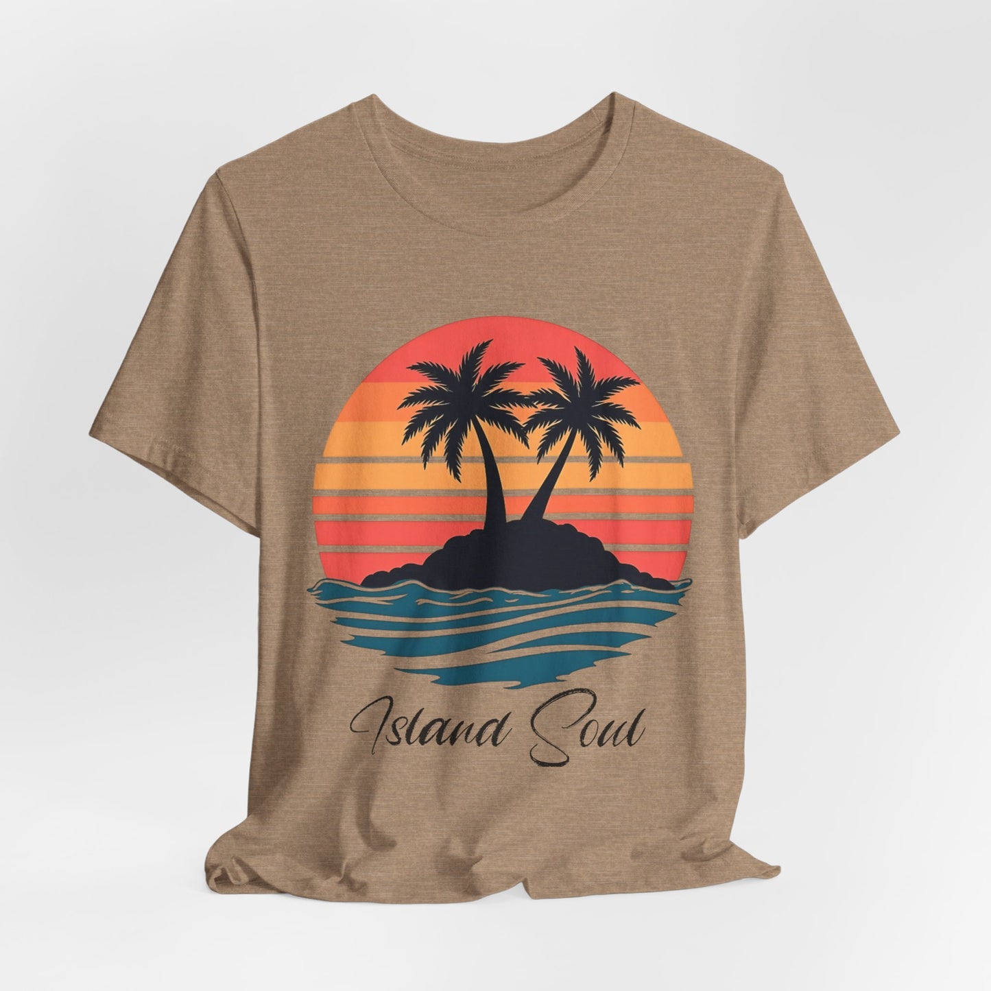 The Island Soul Unisex T-Shirt features a retro sunset design with two palm trees on an island, orange sunset, and ocean waves. Island Soul is printed below, making it perfect beachwear for laid-back island vibes.