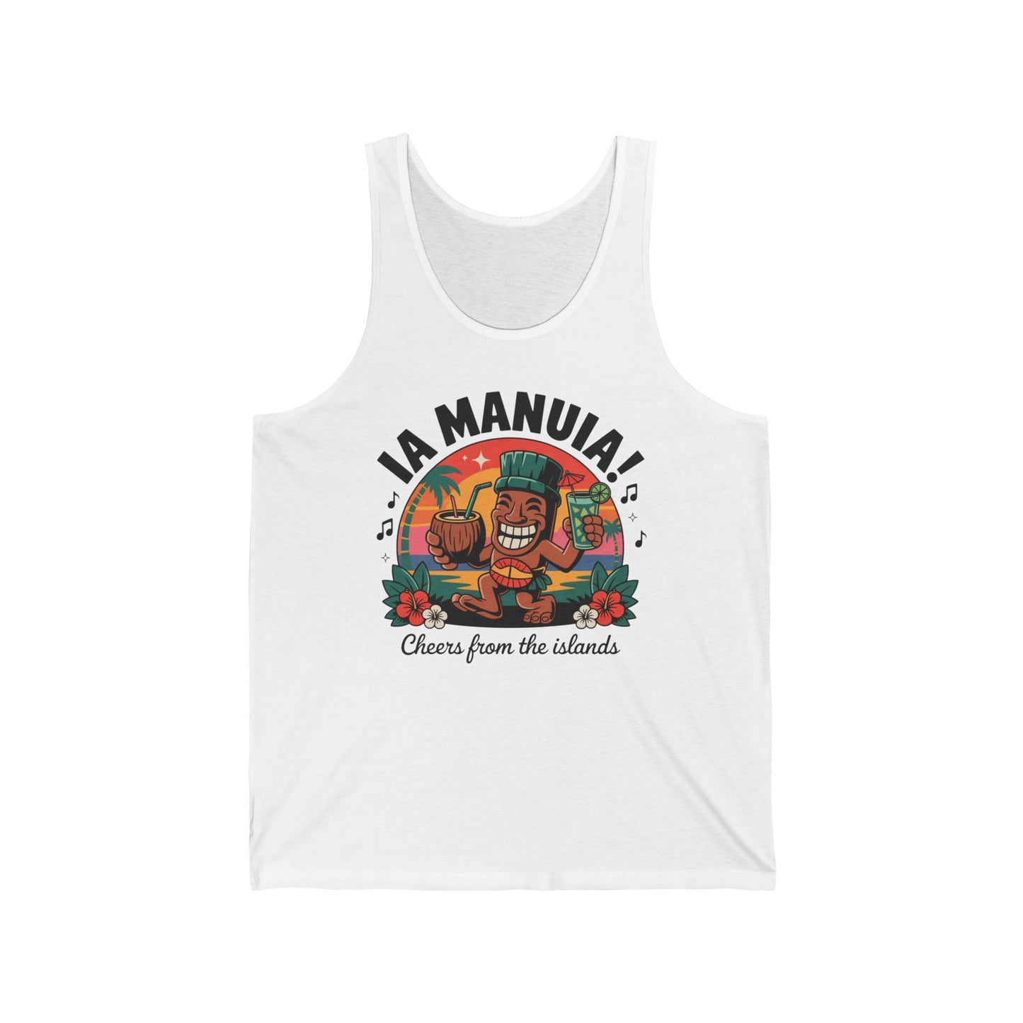 The Cheers from the Islands Tropical Vibes Tiki Tank Top is a white unisex jersey featuring a vibrant graphic of a smiling man in island attire with “IA MANUIA!” above and “Cheers from the islands” below—perfect for summer fun.