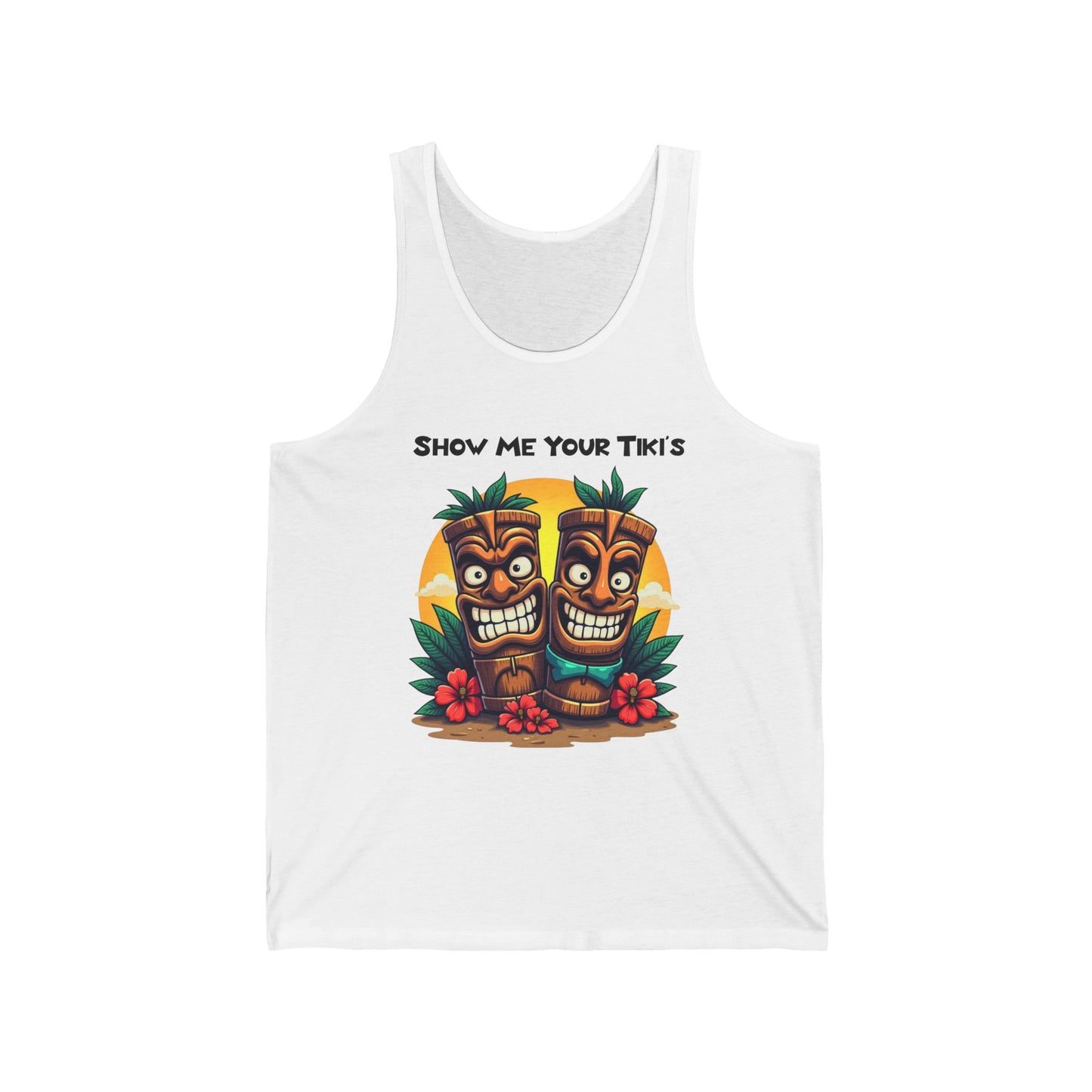 Stay cool in the “Show Me Your Tikis- Tiki Tank Top for Sumer Vibes,” a white unisex jersey featuring two smiling tiki statues, green leaves, and red flowers with SHOW ME YOUR TIKI’S above—perfect for summer gatherings.