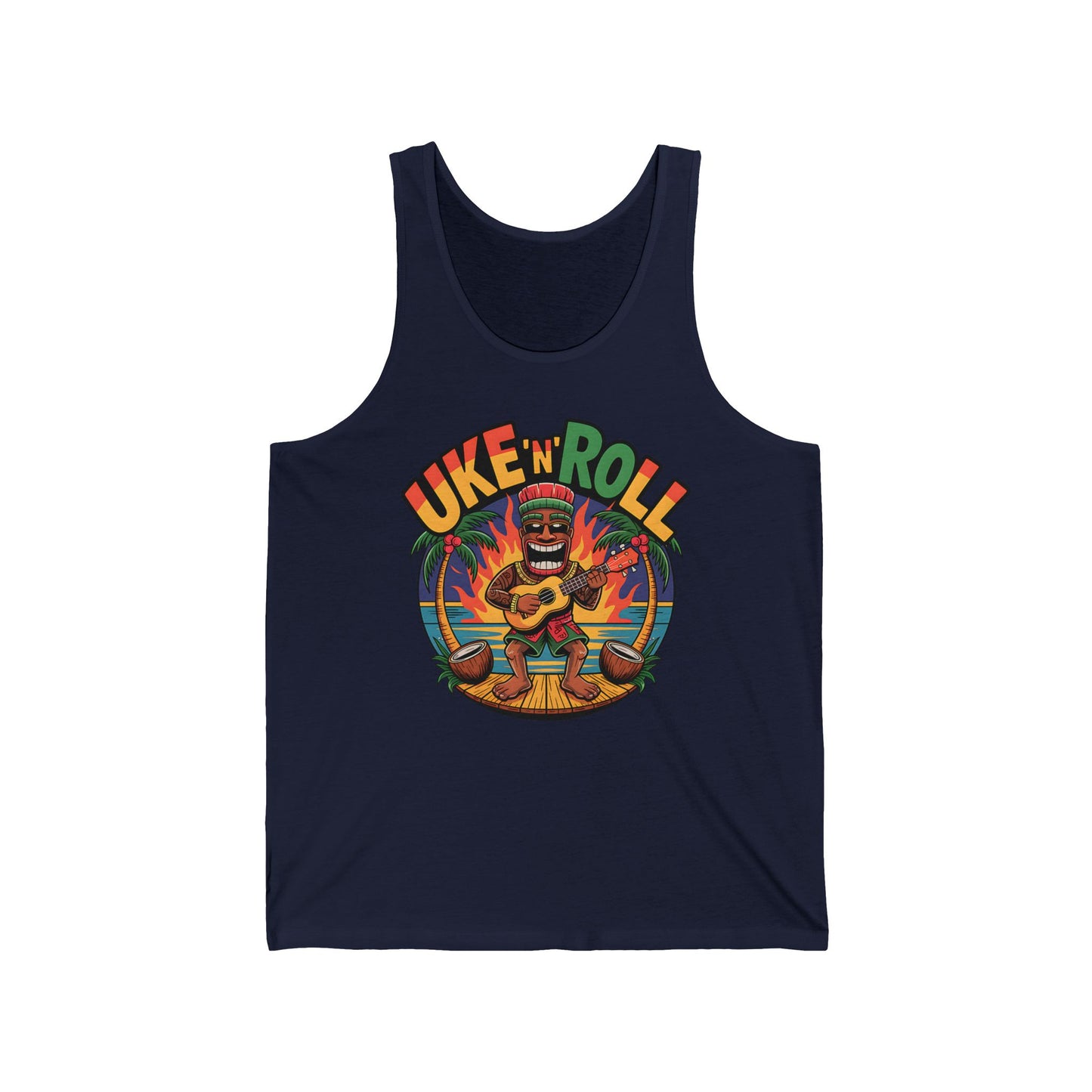 Rock your summer in the UKE N ROLL Unisex Jersey Tiki Tank Top, featuring a vibrant tiki playing ukulele with fiery accents and bold rainbow lettering—perfect for music lovers and festival vibes.
