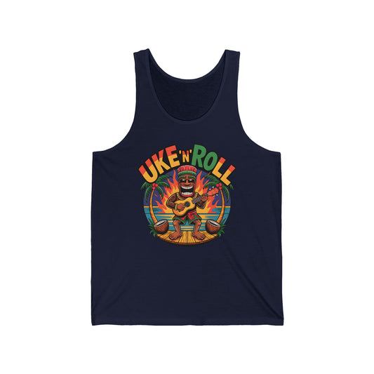 Rock your summer in the UKE N ROLL Unisex Jersey Tiki Tank Top, featuring a vibrant tiki playing ukulele with fiery accents and bold rainbow lettering—perfect for music lovers and festival vibes.