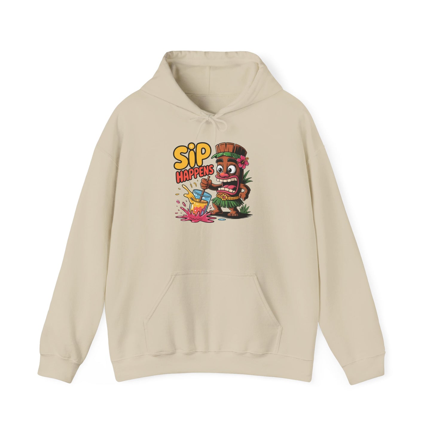 The Sip Happens Hooded Sweatshirt is a beige unisex hoodie with playful cartoon tiki graphics, a drink, Sip Happens text, and tropical elements—ideal for relaxed vibes and casual hangouts.