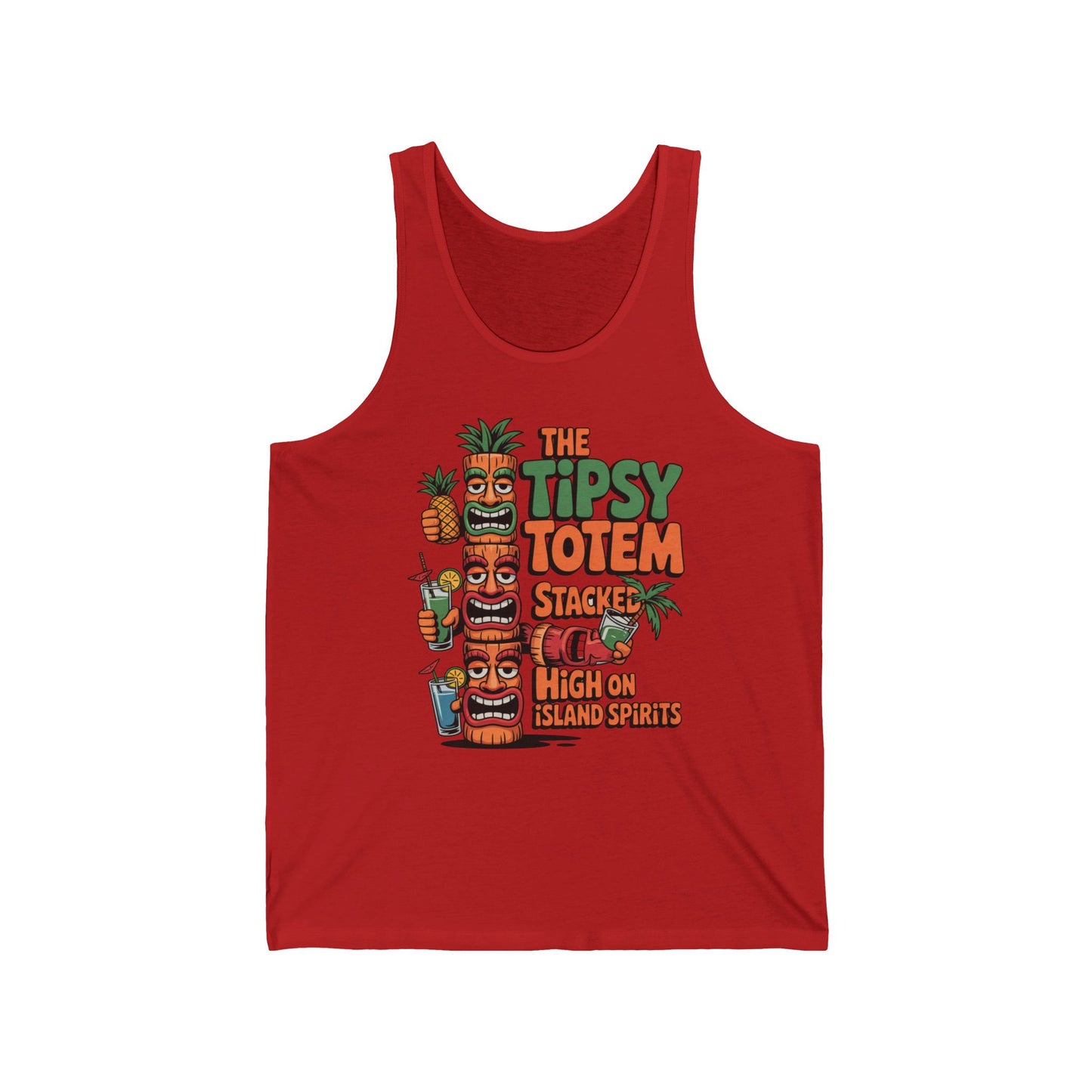The Tipsy Totem Unisex Jersey Tiki Tank Top - High on Island Spirits showcases three stacked cartoon tiki totems holding drinks, plus bold text—perfect for fans of island vibes and tropical spirits.