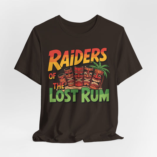 The Tiki T-Shirt - Raiders of the Lost Rum Graphic Tee for Adventure Lovers features colorful text above three tiki mugs and a palm tree on a black unisex jersey—perfect for summer festivals.