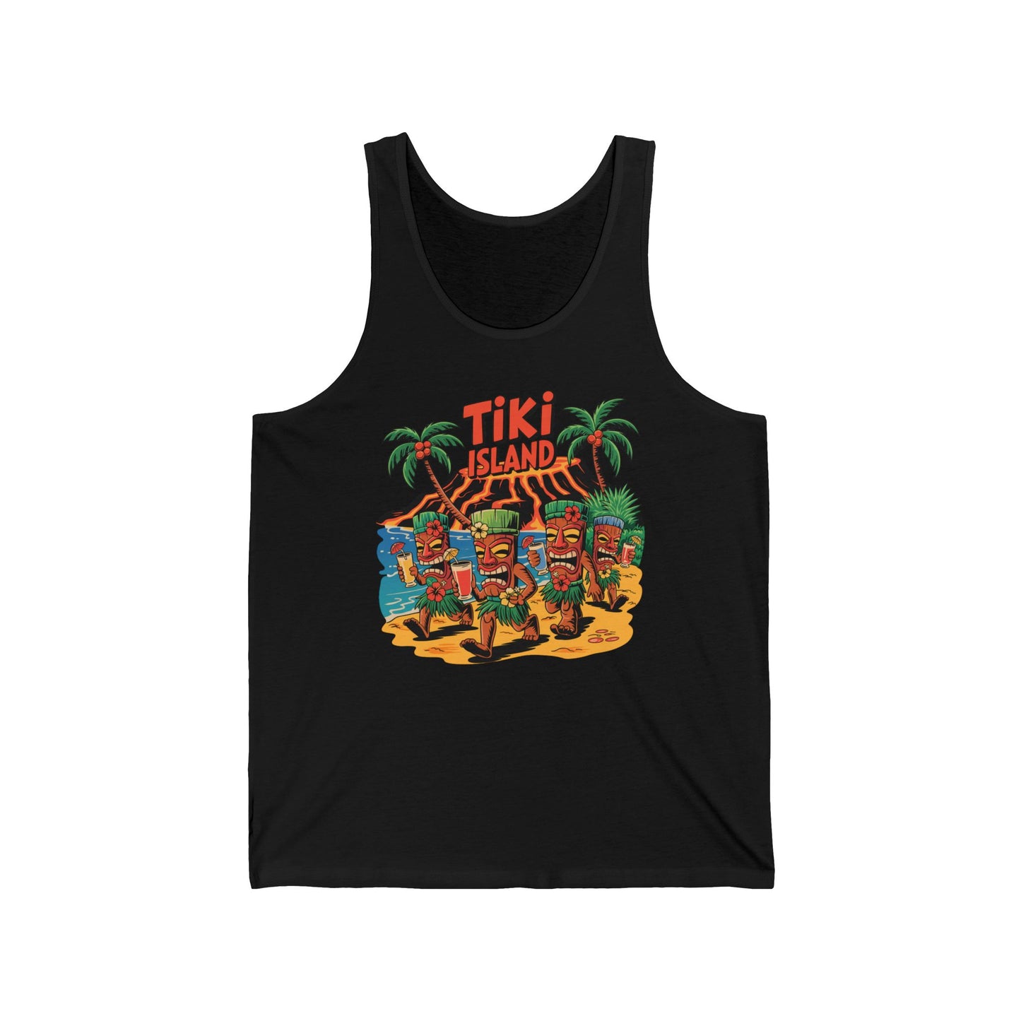 Perfect for casual outings, the Tiki Island Unisex Jersey Tiki Tank Top features a colorful tropical summer vibe with tiki statues, palm trees, and an island scene—an essential addition to your summer wardrobe.