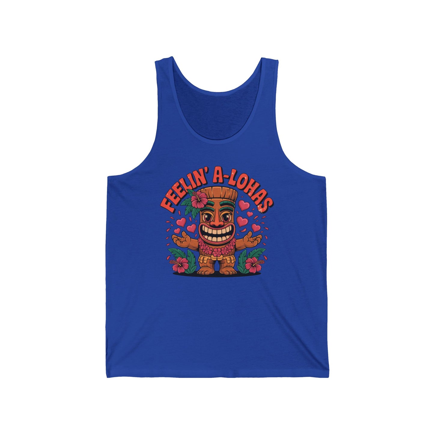 The Feelin A-Lohas Unisex Jersey Tiki Tank Top features a smiling cartoon tiki, red hibiscus flowers, hearts, and bold orange Feelin’ A-Lohas text—perfect for adding fun tropical vibes to your summer wardrobe.