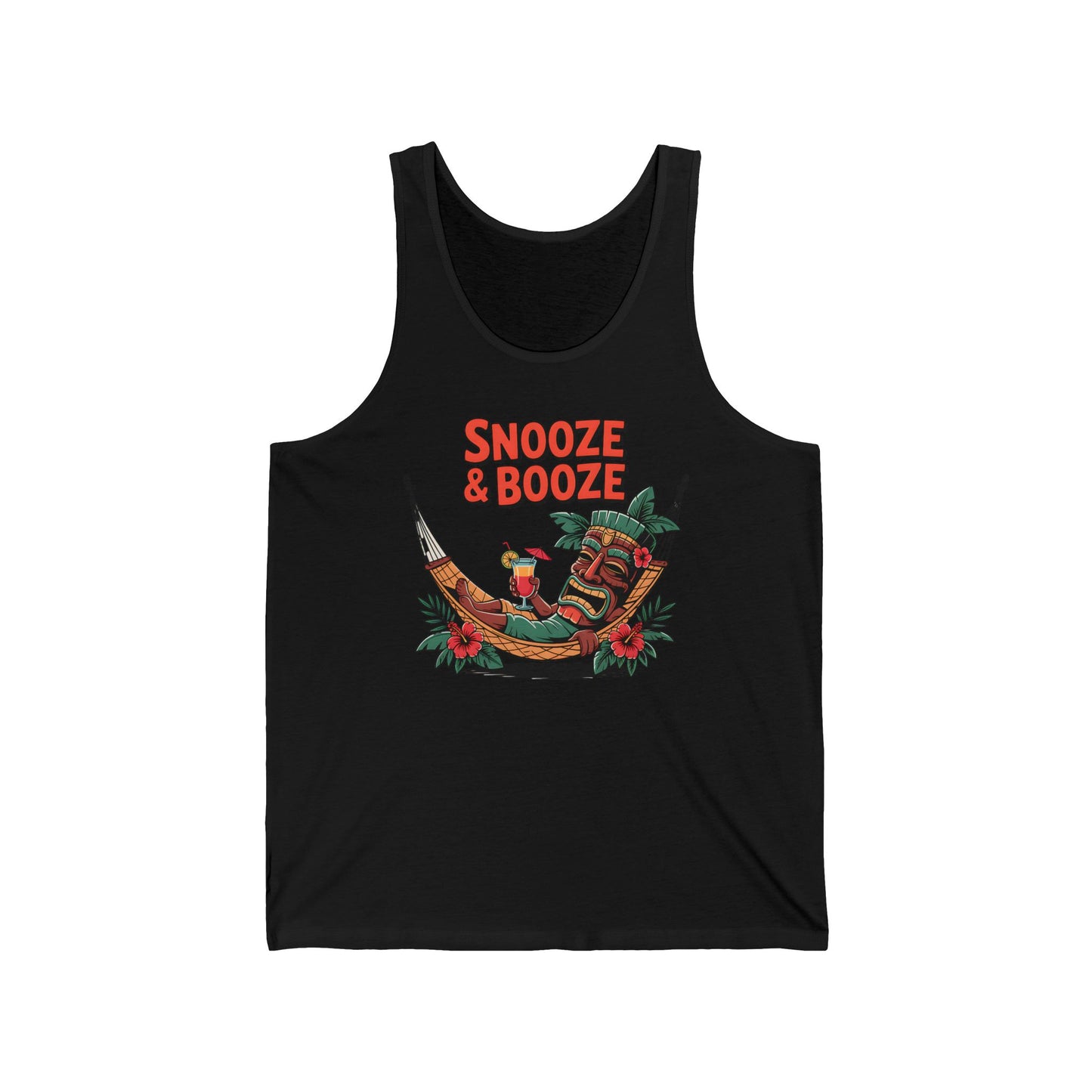 The Snooze & Booze Unisex Jersey Tiki Tank Top features a vibrant hammock scene with tropical details and bold orange “SNOOZE & BOOZE” text. Lightweight, it’s ideal for beach days, parties, and summer festivals.