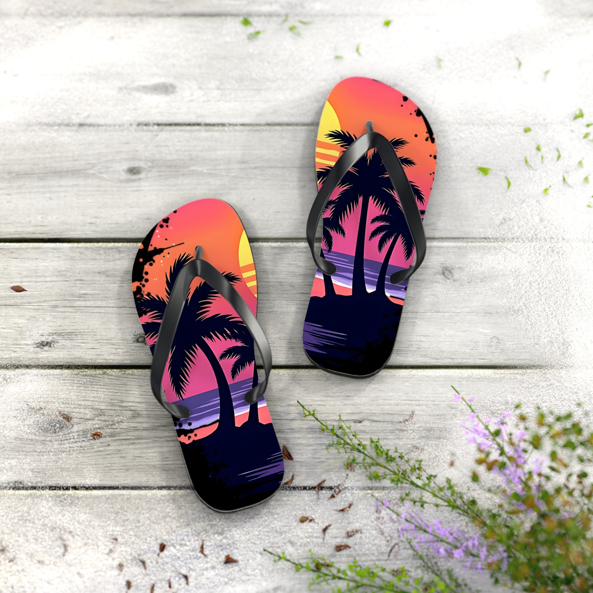 The Tropical Sunset Flip Flops - Beach Vibes Sandals for Summer Fun, featuring palm trees and vivid sunset colors, rest on a light wooden surface near lush plants—ideal footwear for beach trips.