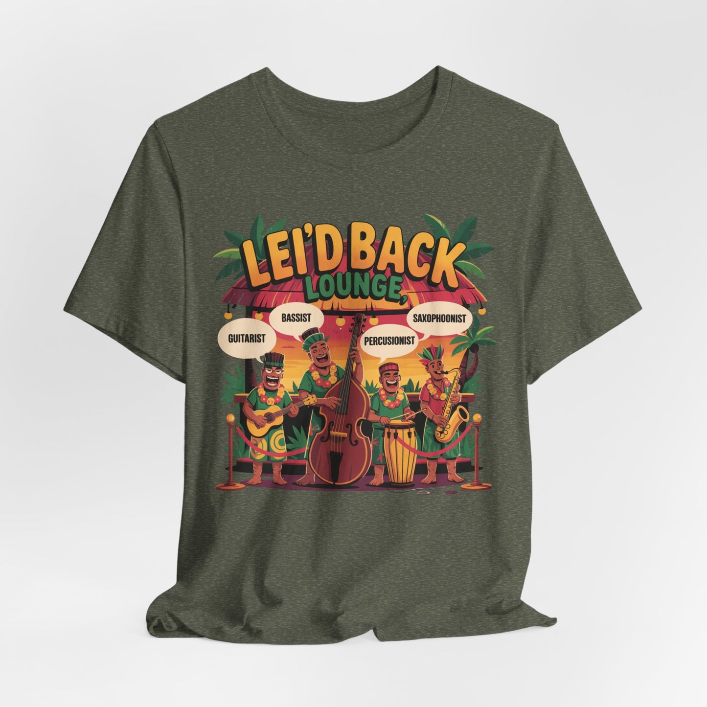 The Leid Back Lounge Unisex Tiki T-Shirt features a green jersey with a colorful cartoon of four musicians playing at the lounge, surrounded by tropical palm trees—perfect for music lovers seeking relaxed, paradise vibes.