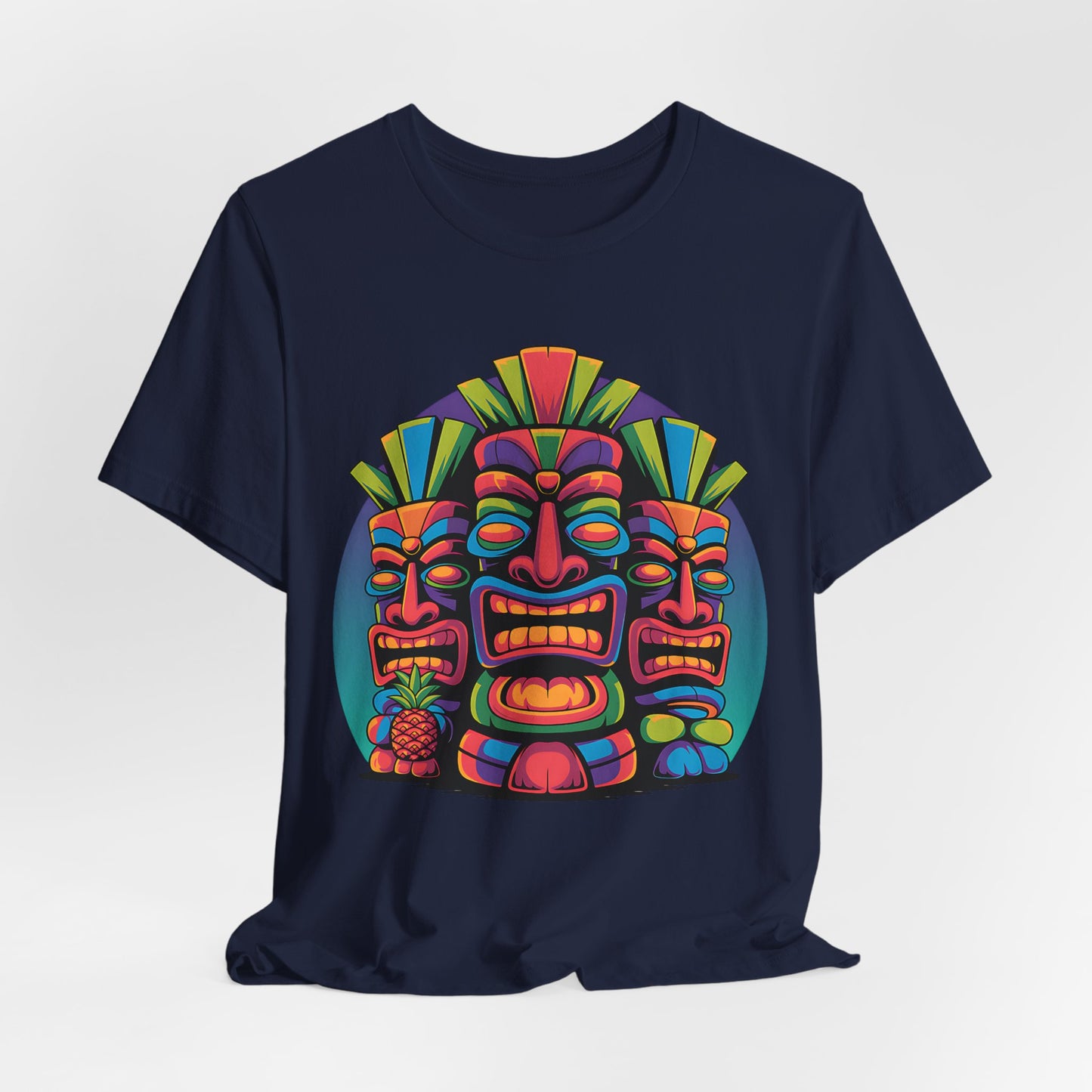 Show your style in the Vibrant Tribal Mask Tiki T-Shirt – a navy blue unisex short sleeve tee featuring three bold tiki masks on a teal circle, perfect for adding flair to any casual look.