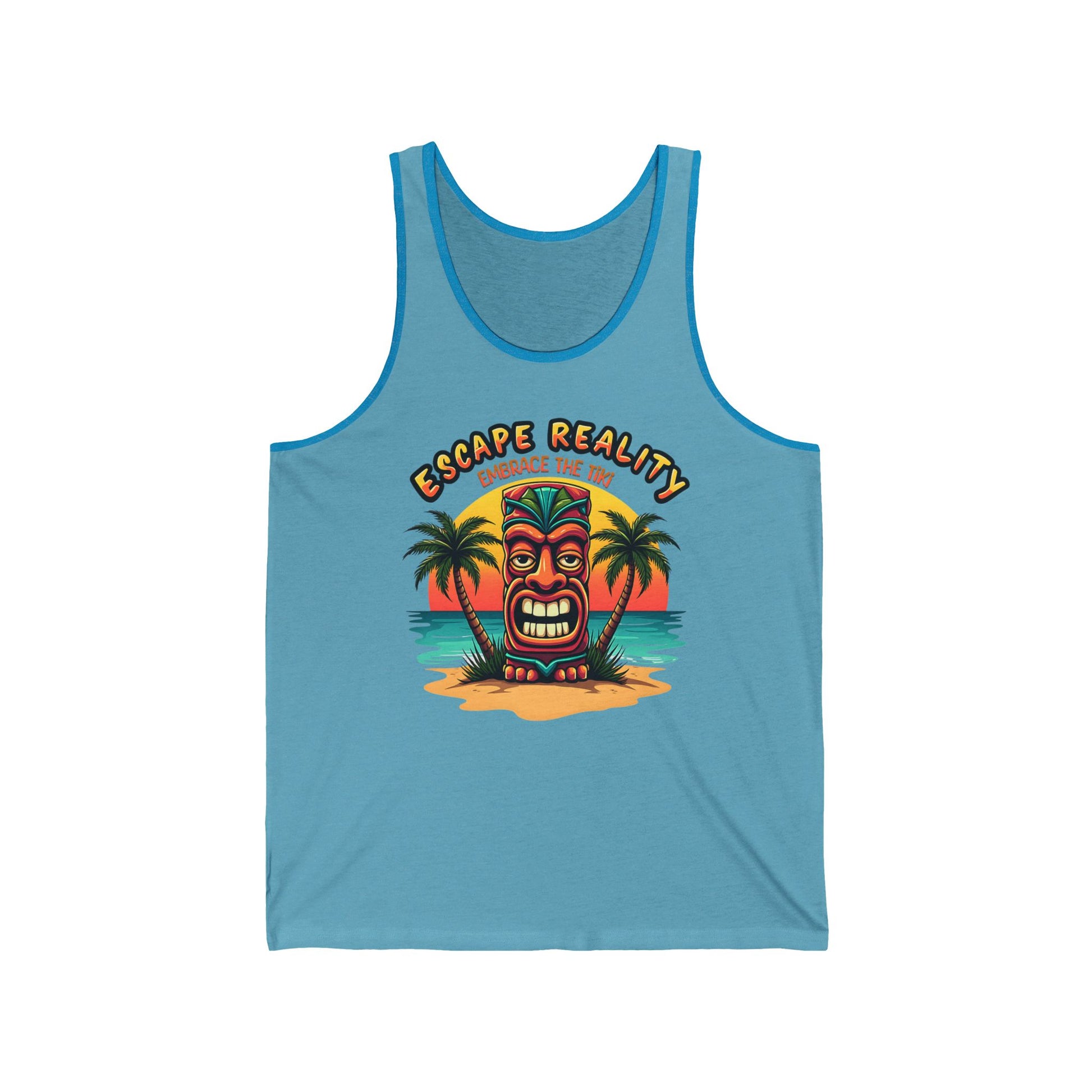 The Escape Reality Unisex Jersey Tiki Tank Top features a vibrant tiki mask, island scene, palm trees, and ocean waves with ESCAPE REALITY above—perfect for adding tropical beach vibes to your casual summer wardrobe.