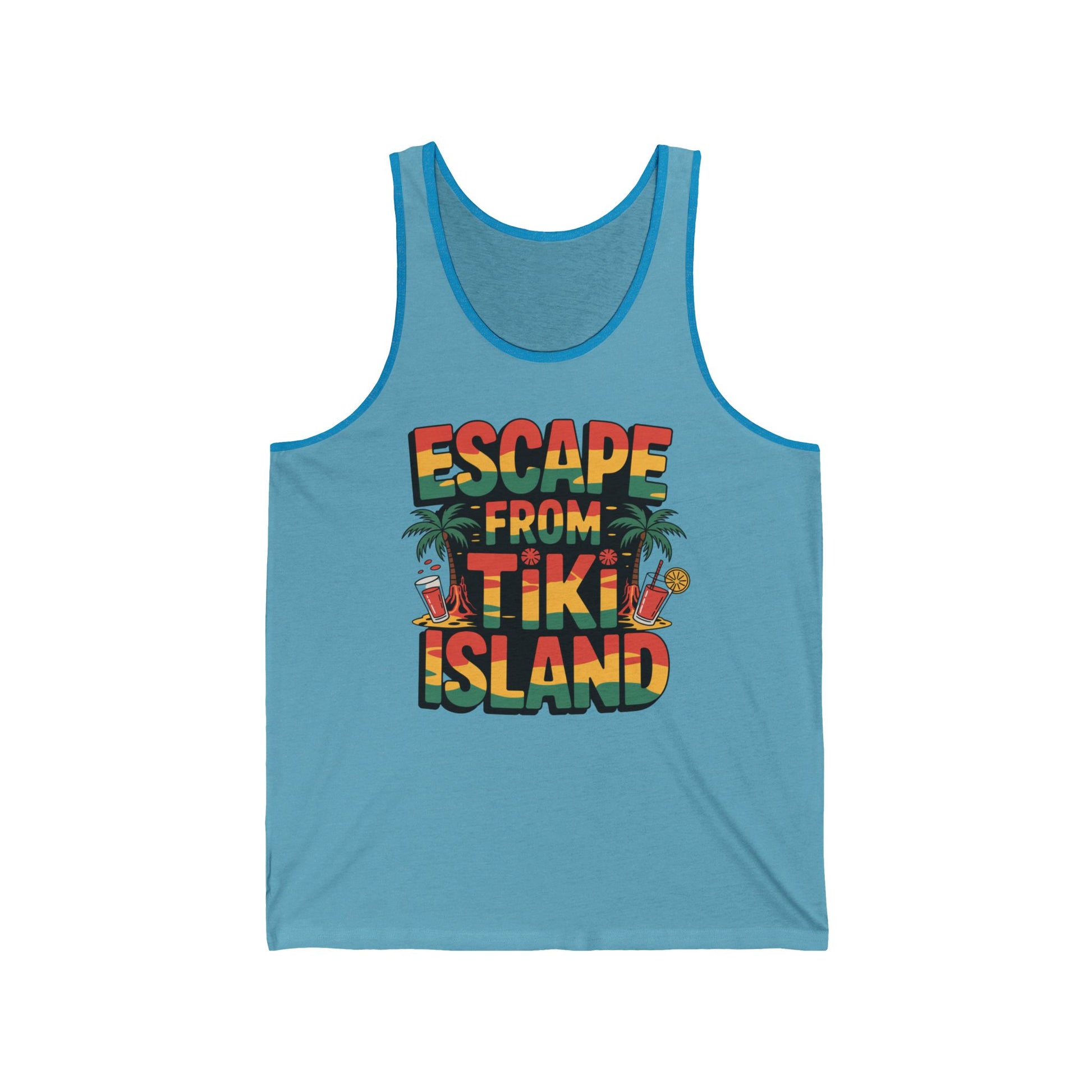 The Escape from Tiki Island Unisex Jersey Tiki Tank Top features ESCAPE FROM TIKI ISLAND in bold colors with palm trees, tiki mugs, and a pineapple—a fun summer choice for beach days and celebrations.