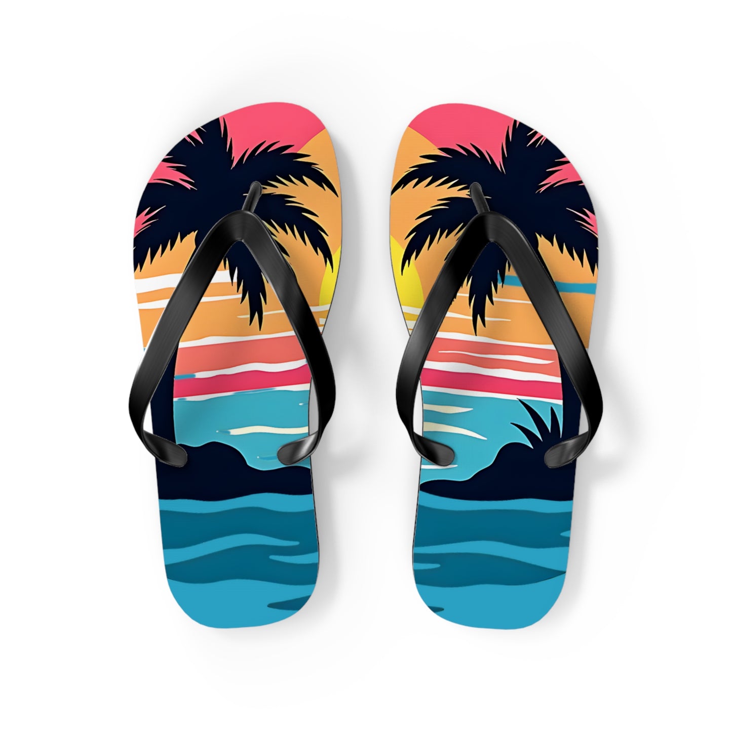 Step into summer with the Tropical Sunset Flip Flops | Beach Vibes Sandals—black straps and a vibrant beach sunset design with palm trees and waves, perfect for beach lovers and stylish summer outfits.