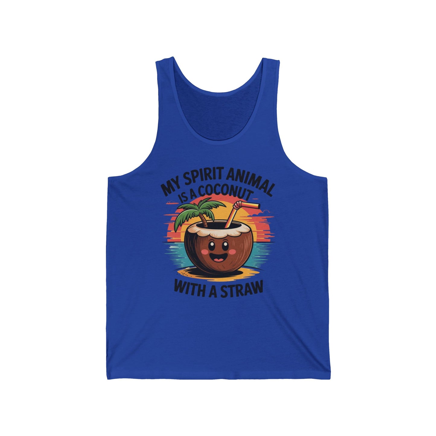 The My Spirit Animal Coconut Unisex Jersey Tank - Fun Summer Vibes features a smiling coconut drink with straw, palm leaves, and sunset, plus the phrase My spirit animal is a coconut with a straw—perfect for summer outings.