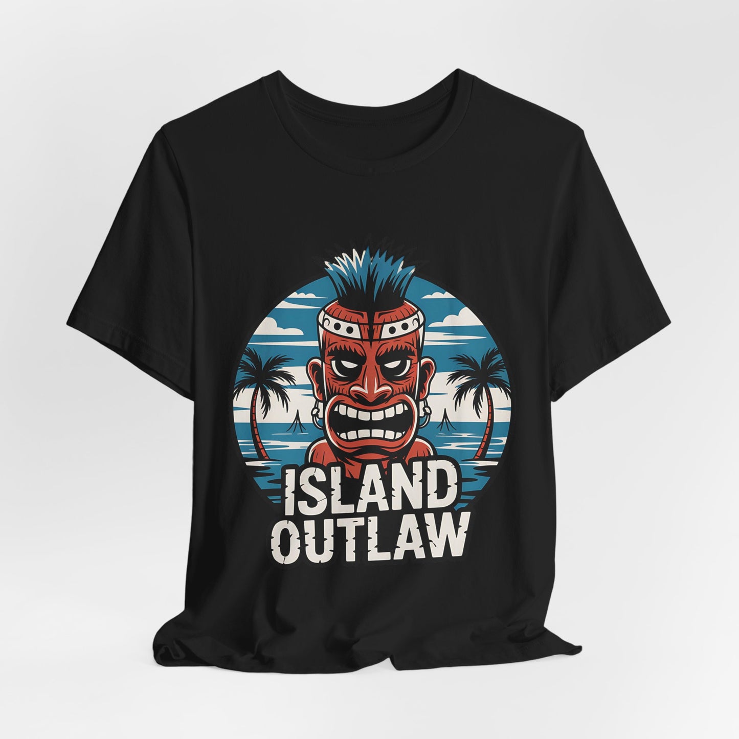 The Island Outlaw Tiki T-Shirt - Unisex Jersey Tee for Tropical Vibes features a bold red tiki mask with blue hair, palm trees, ocean, and ISLAND OUTLAW in distressed letters—perfect for beach outings or tropical vacations.