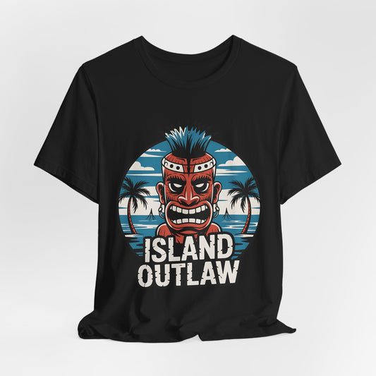 The Island Outlaw Tiki T-Shirt - Unisex Jersey Tee for Tropical Vibes features a bold red tiki mask with blue hair, palm trees, ocean, and ISLAND OUTLAW in distressed letters—perfect for beach outings or tropical vacations.