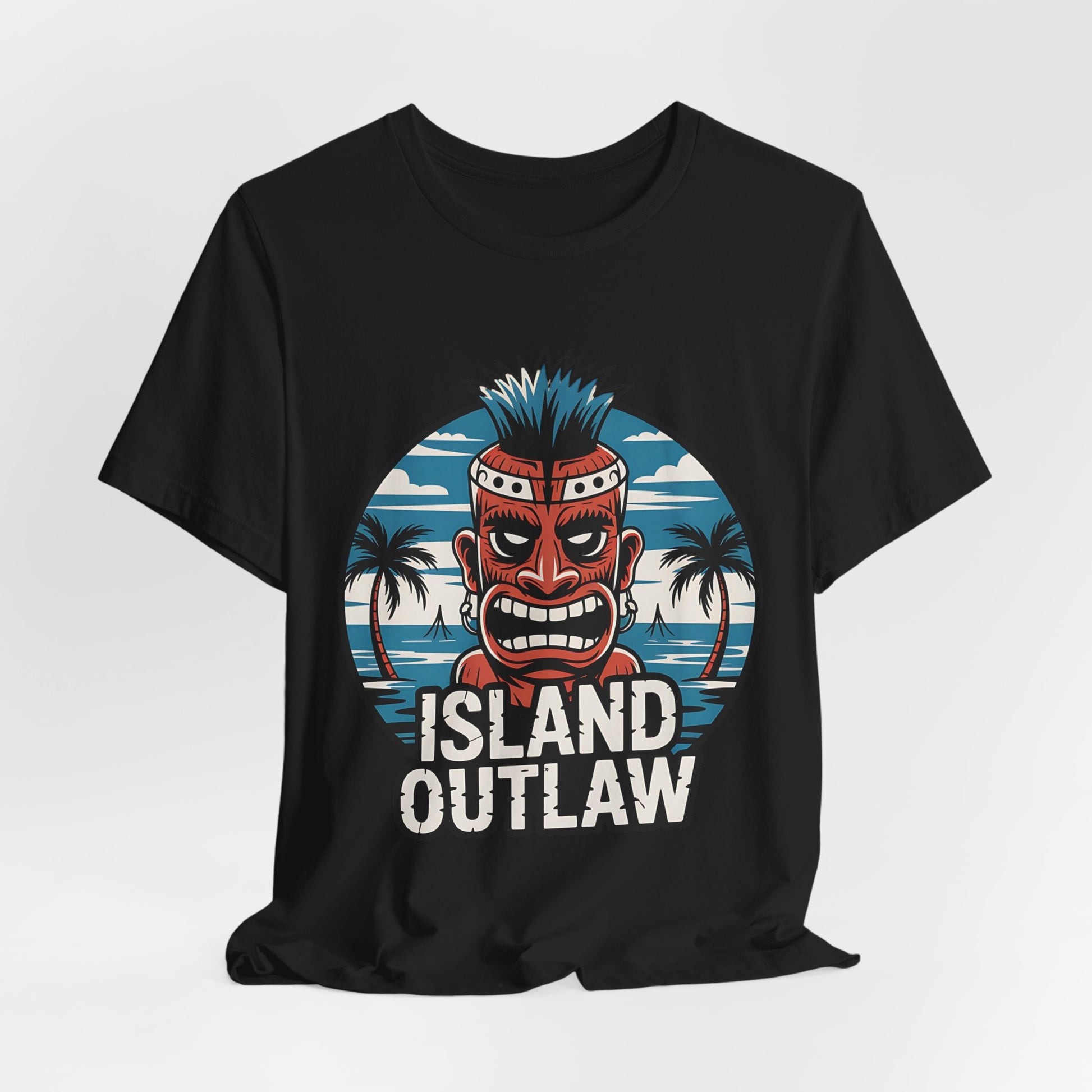 The Island Outlaw Graphic T-Shirt is a black unisex jersey featuring a fierce tiki mask, palm trees, ocean waves, and bold “ISLAND OUTLAW” text—ideal for beach lovers or summer vacations.