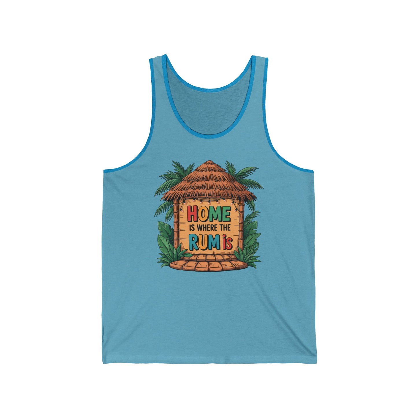 The Home is Where the Rum Is Unisex Jersey Tiki Tank Top boasts a vibrant tropical hut and palm tree print with colorful lettering—perfect for summer vibes and laid-back style.