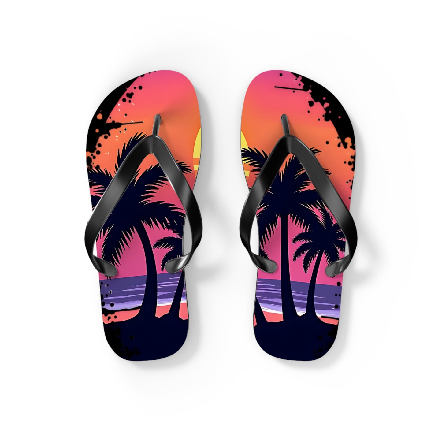 Step into summer with the Tropical Sunset Flip Flops—Beach Vibes Sandals for Summer Fun, featuring a vibrant sunset beach design with palm tree silhouettes, a setting sun, and ocean waves in pink, orange, purple, and black.