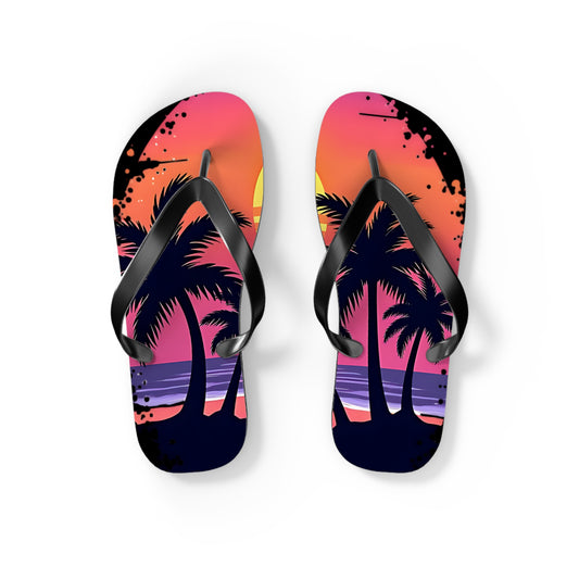 Step into summer with the Tropical Sunset Flip Flops—Beach Vibes Sandals for Summer Fun, featuring a vibrant sunset beach design with palm tree silhouettes, a setting sun, and ocean waves in pink, orange, purple, and black.