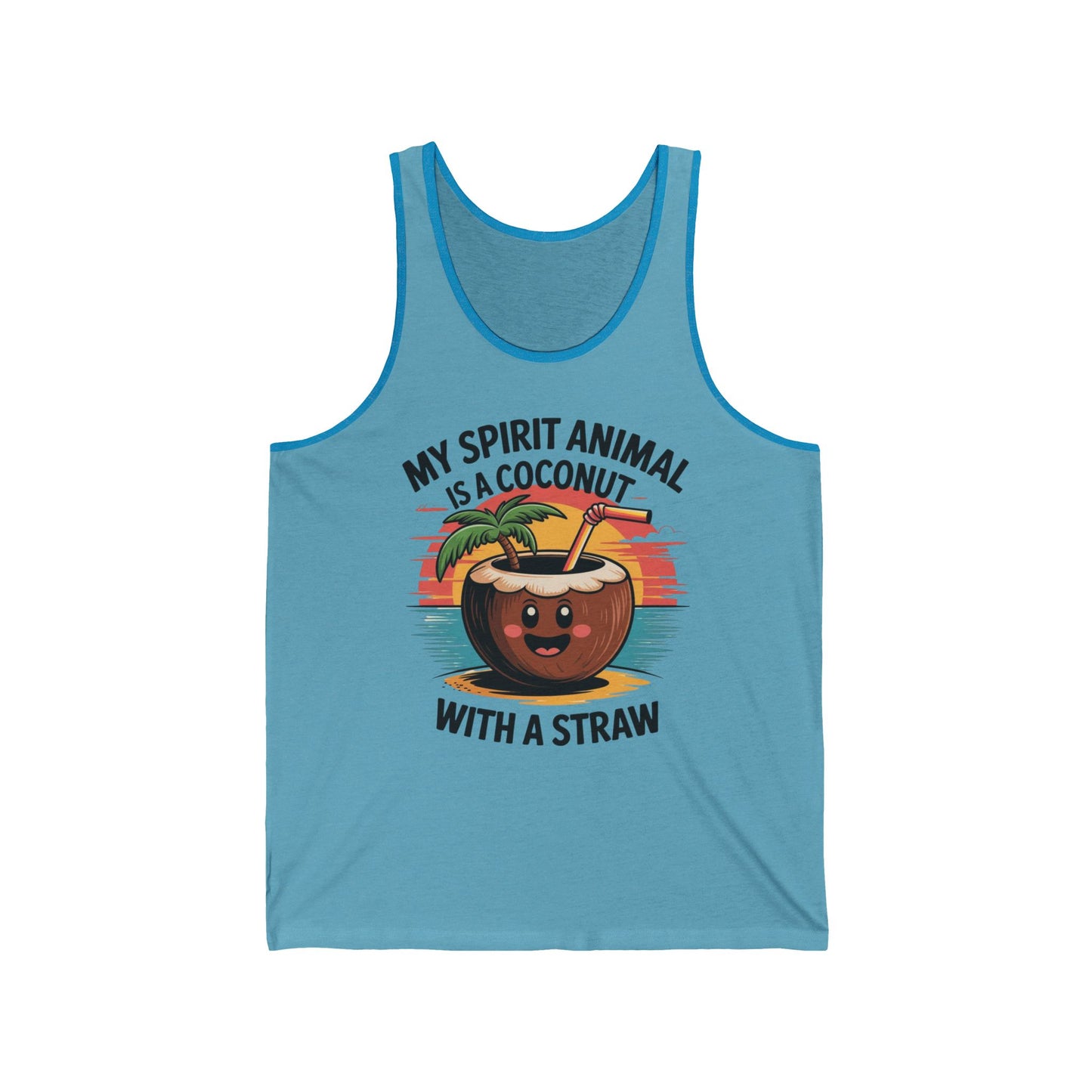 Embrace summer vibes with the My Spirit Animal Coconut Unisex Jersey Tank, featuring a smiling coconut drink with a straw, palm tree, and rainbow—perfect for those whose spirit animal is a coconut with a straw.