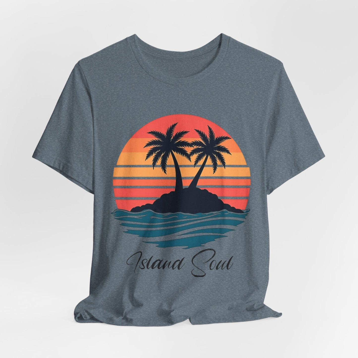 The Island Soul Unisex T-Shirt is a retro sunset tee with two palm trees on an island, orange and yellow hues, blue waves, and Island Soul text—perfect unisex beachwear for laid-back vibes.