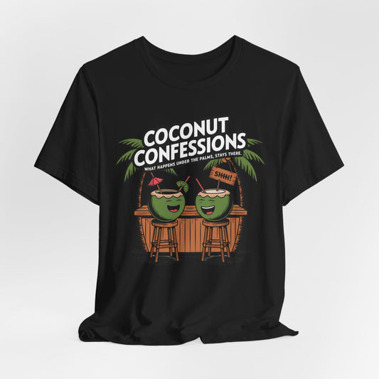 The Coconut Confessions Unisex Tiki T-Shirt - Fun Summer Vibes features two cartoon coconuts at a tiki bar under palm trees, with “COCONUT CONFESSIONS” above and “What happens under the palms, stays there” below. Made from soft Airlume cotton.