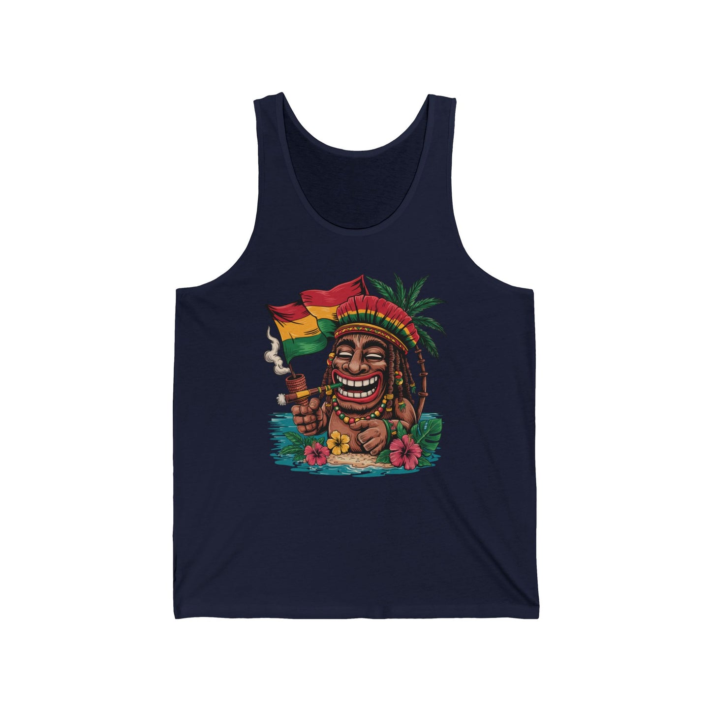 The Rasta Vibes Unisex Jersey Tiki Tank Top boasts a vibrant cartoon tiki face with dreadlocks, Rasta hat, cigar, palm tree, flowers, and red-yellow-green flag—capturing tropical island vibes and carefree summer style.