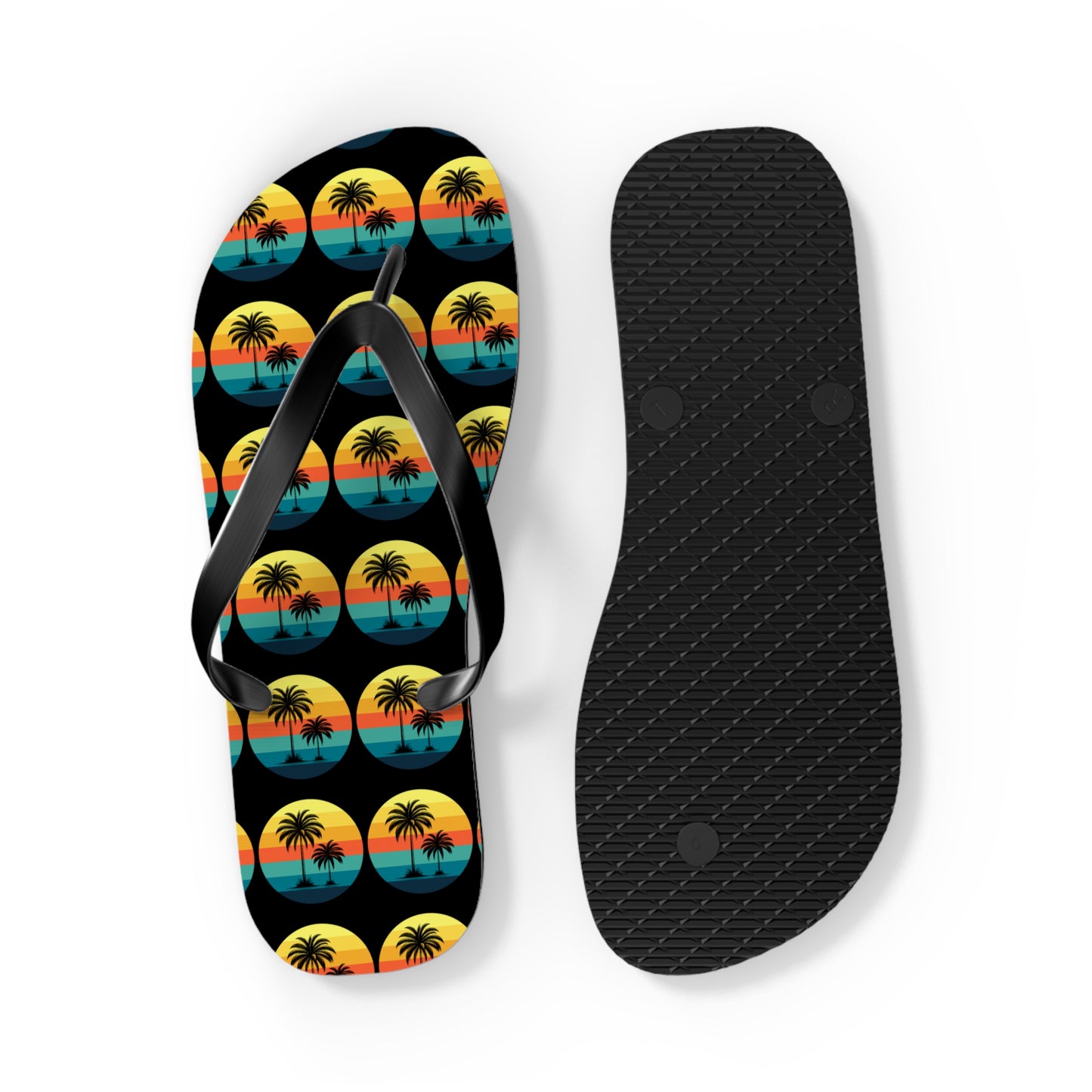 Perfect for beach lovers, the Tropical Sunset Flip Flops - Summer Vibes with Palm Trees feature a colorful sunset and palm design on the left sandal, paired with a black textured sole on the right, both set against a white background.