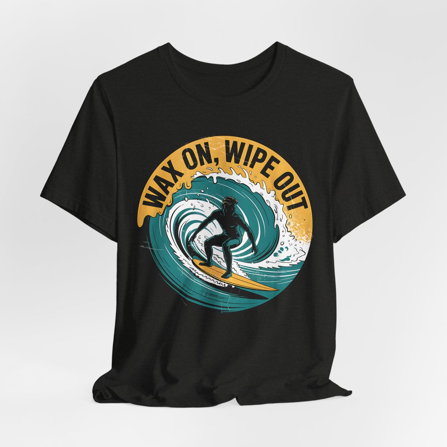 The Surfing Inspired Unisex Short Sleeve T-Shirt - Wax On, Wipe Out features a bold surfer graphic with yellow WAX ON, WIPE OUT text on a circular background—ideal for beach-loving surf fans.