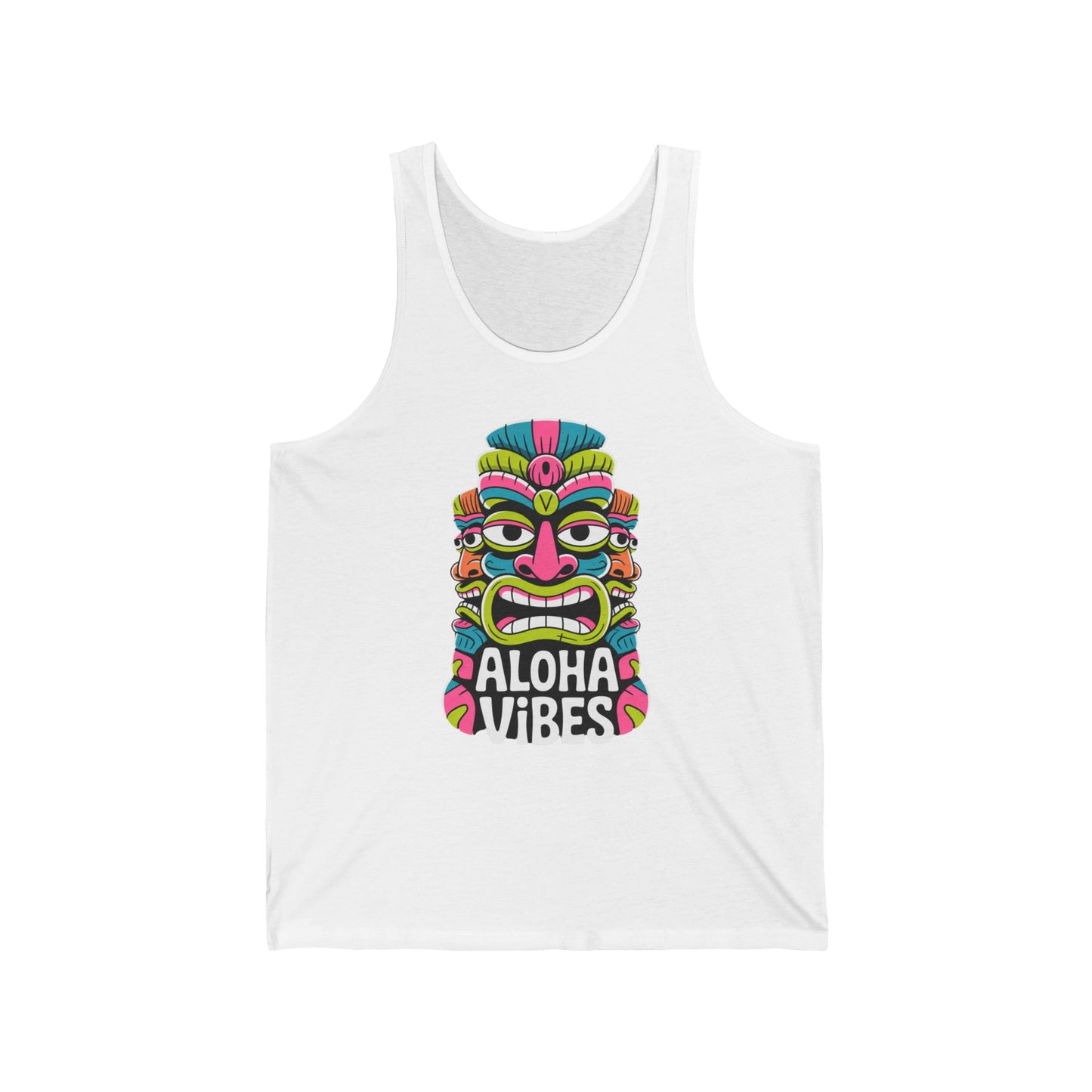The Aloha Vibes Unisex Jersey Tiki Tank Top features a vibrant Tiki mask graphic in green, pink, blue, and yellow on lightweight white fabric—perfect summer beachwear. “Aloha Vibes” is boldly printed below the mask.