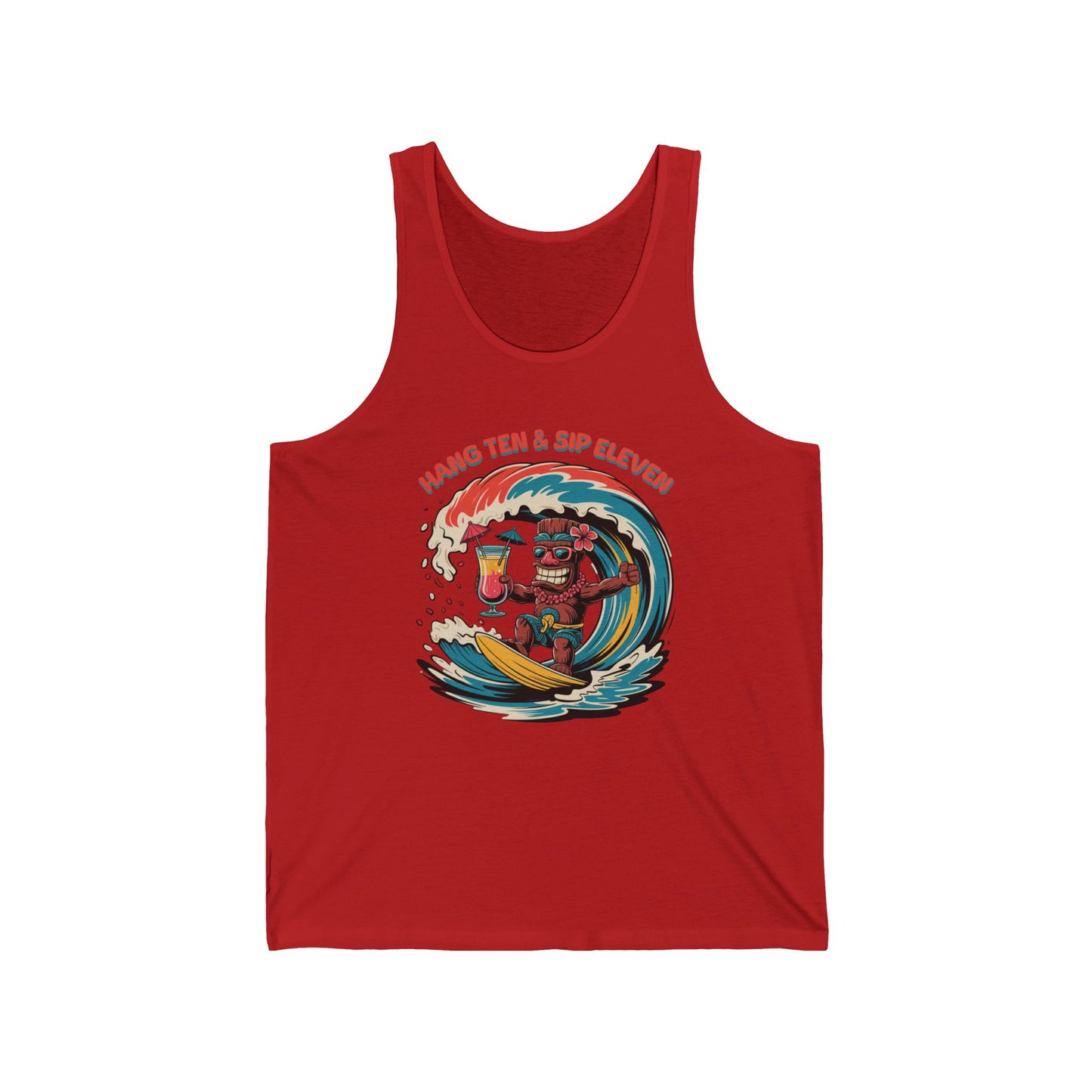 The Hang Ten and Sip Eleven- Tiki Tank Top is a red unisex Airlume cotton jersey, featuring a high-quality print of an illustrated character surfing with a drink and the phrase “Hang Ten & Sip Eleven” above the design.