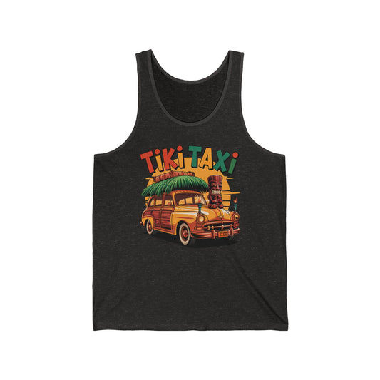 The Tiki Taxi Unisex Tiki Tank Top features a vibrant vintage woodie car, surfboards, and Tiki statues with bold Tiki Taxi text—perfect for adding retro beach vibes to your casual summer style.