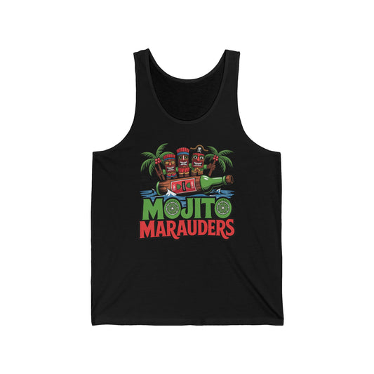The Mojito Marauders Unisex Jersey Tiki Tank Top – Tropical Summer Vibe features a colorful mojito, tiki masks, palm trees, and bold “Mojito Marauders”—a perfect black tank for your summer wardrobe.