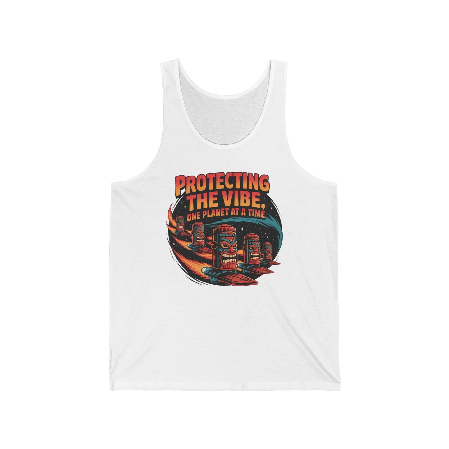The Protecting The Vibe Unisex Jersey Tiki Tank Top is an eco-friendly graphic tee featuring tropical tiki masks, huts, and bold retro lettering—a perfect summer essential for your wardrobe.